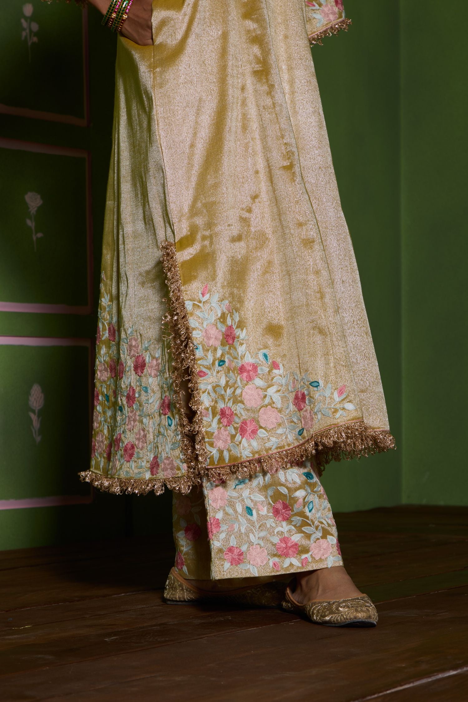 Gold Aari Embroidered Kalidaar Tissue Pheran Set with Salwar Pants & Embroidered Tissue Dupatta