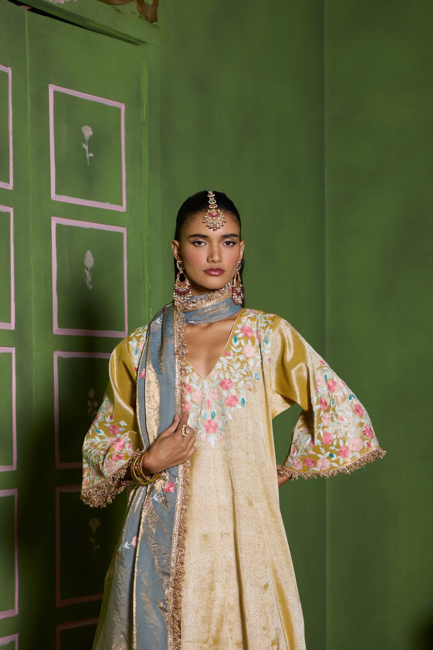 Gold Aari Embroidered Kalidaar Tissue Pheran Set with Salwar Pants & Embroidered Tissue Dupatta