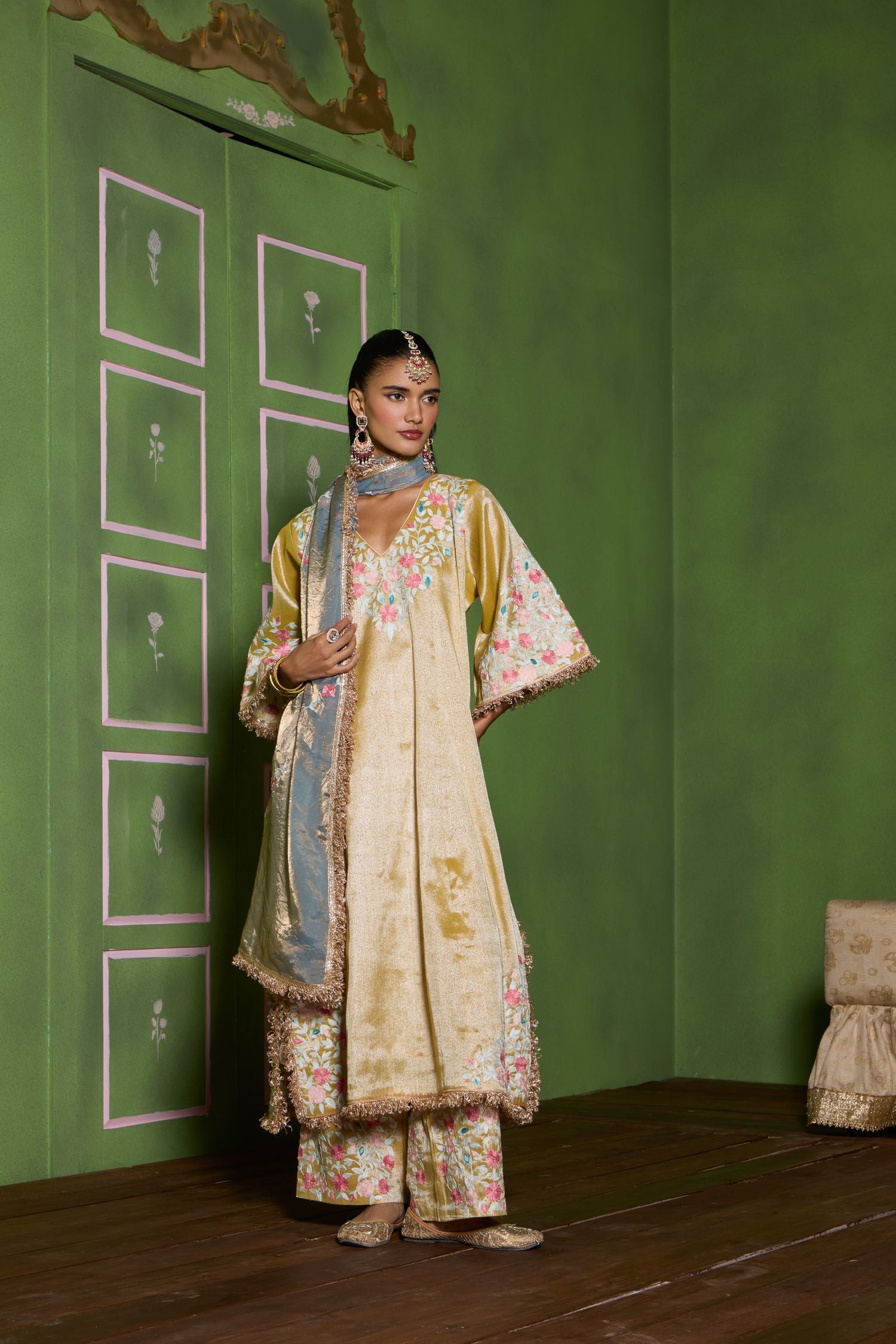 Gold Aari Embroidered Kalidaar Tissue Pheran Set with Salwar Pants & Embroidered Tissue Dupatta