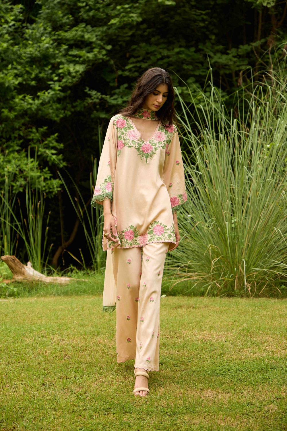 Peach & Pink Cotton Kurta Set with Embroidered Flared Pants