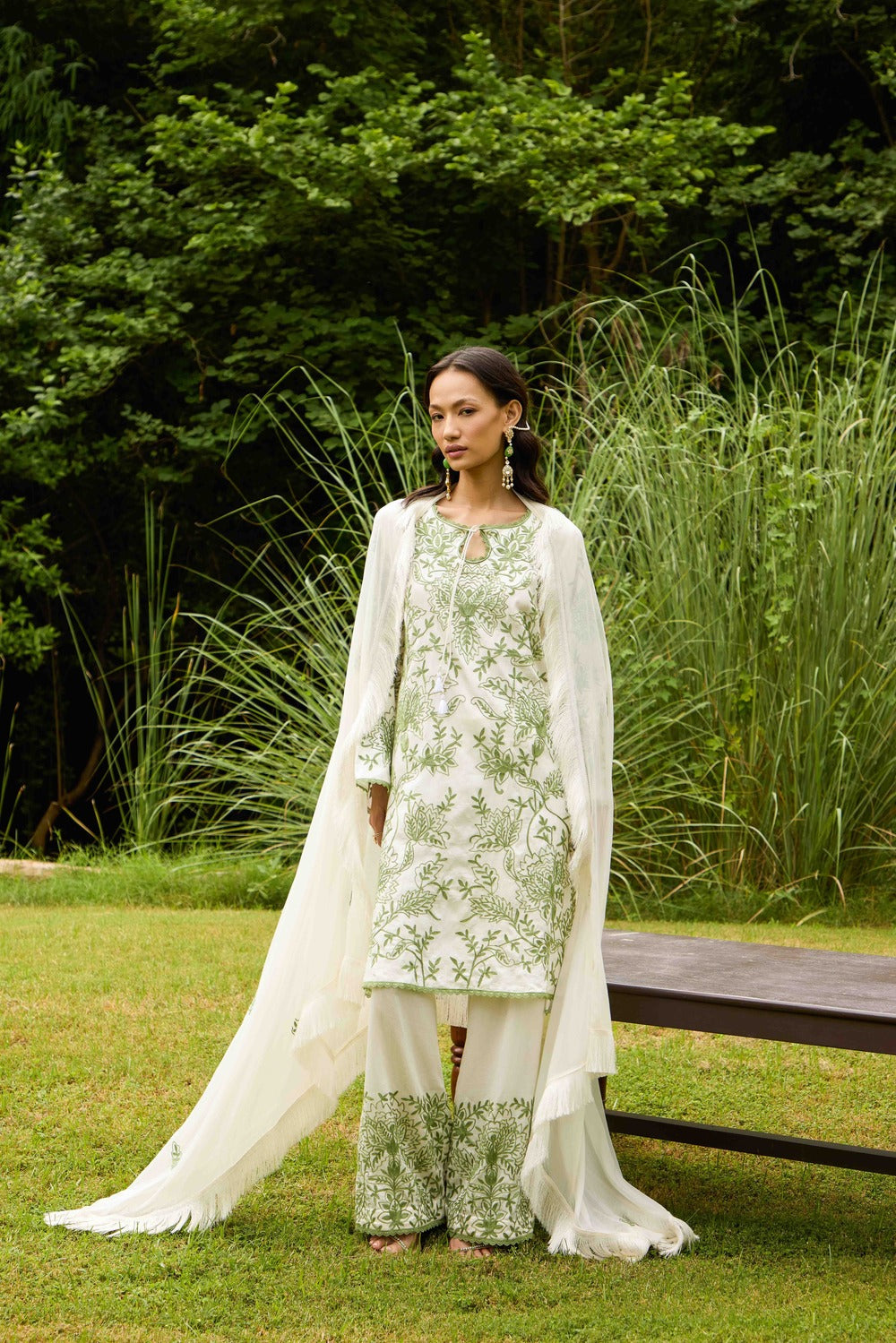 Ivory Olive Noor Cotton Kurta Set with Embroidered Flared Pants