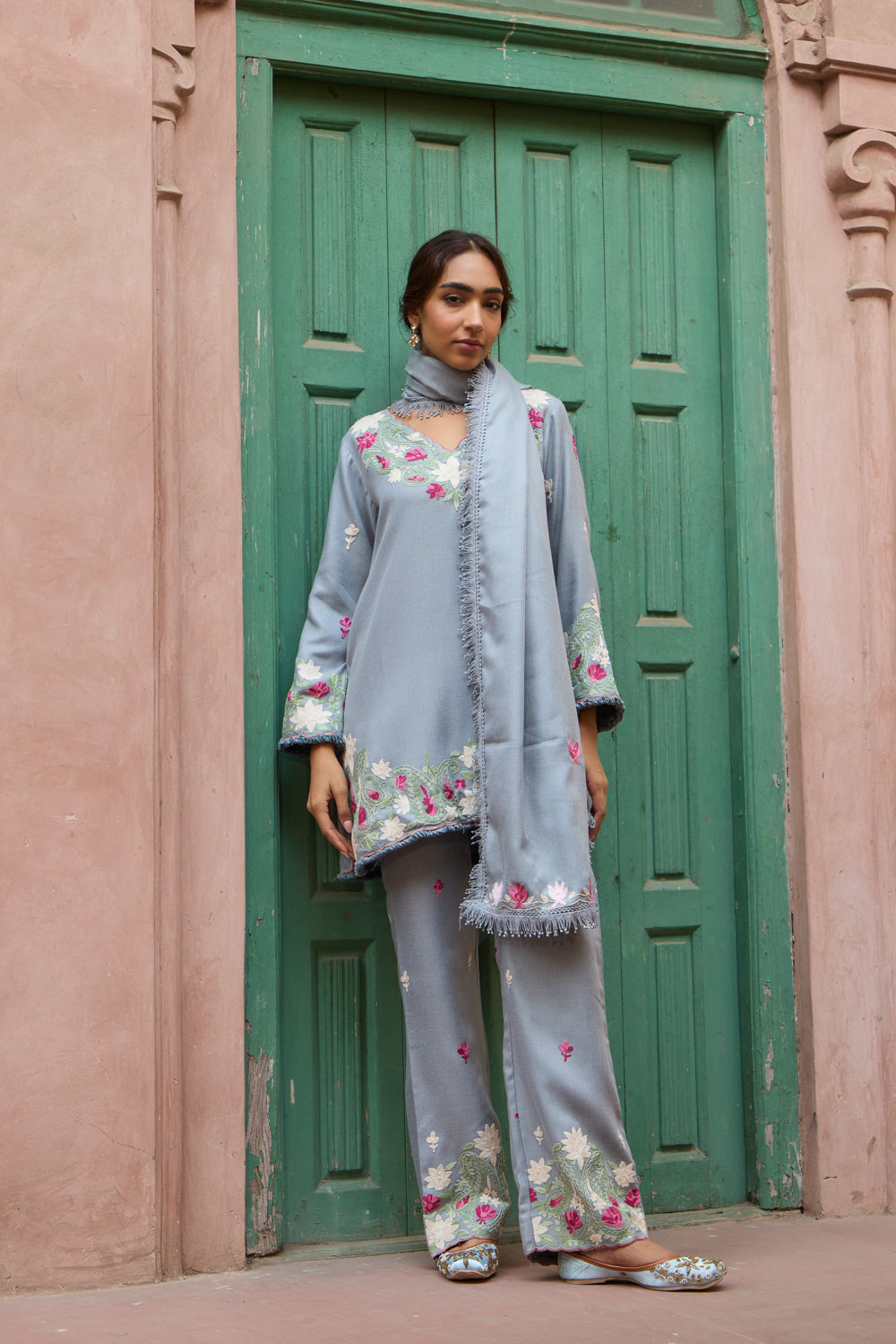 Cloud Blue Pashmina Wool Kurta Set With Booti Embroidered Pants