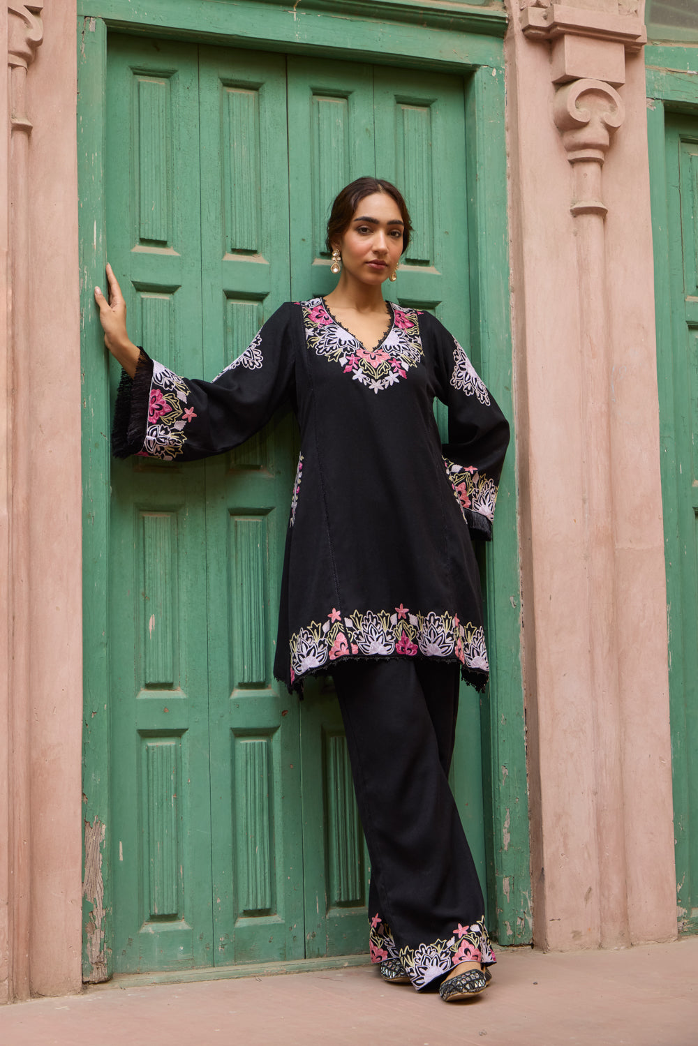 Black Pashmina Wool Kalidaar Short Kurta Set