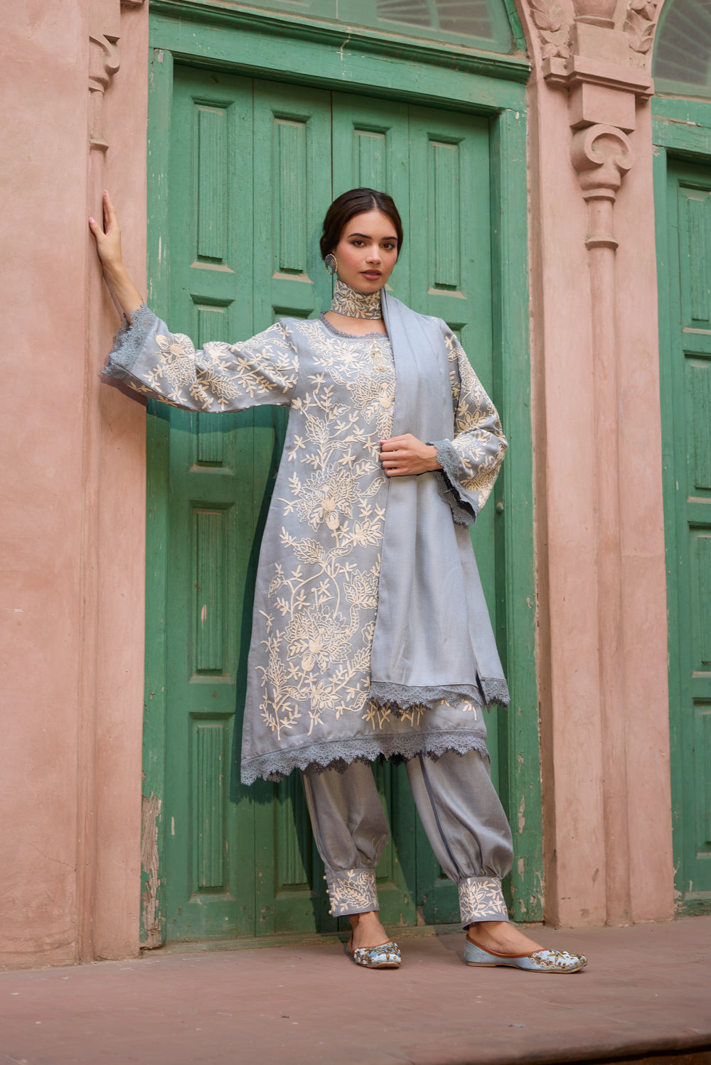 Cloud Blue Pashmina Wool Kurta Set With Harem Pants