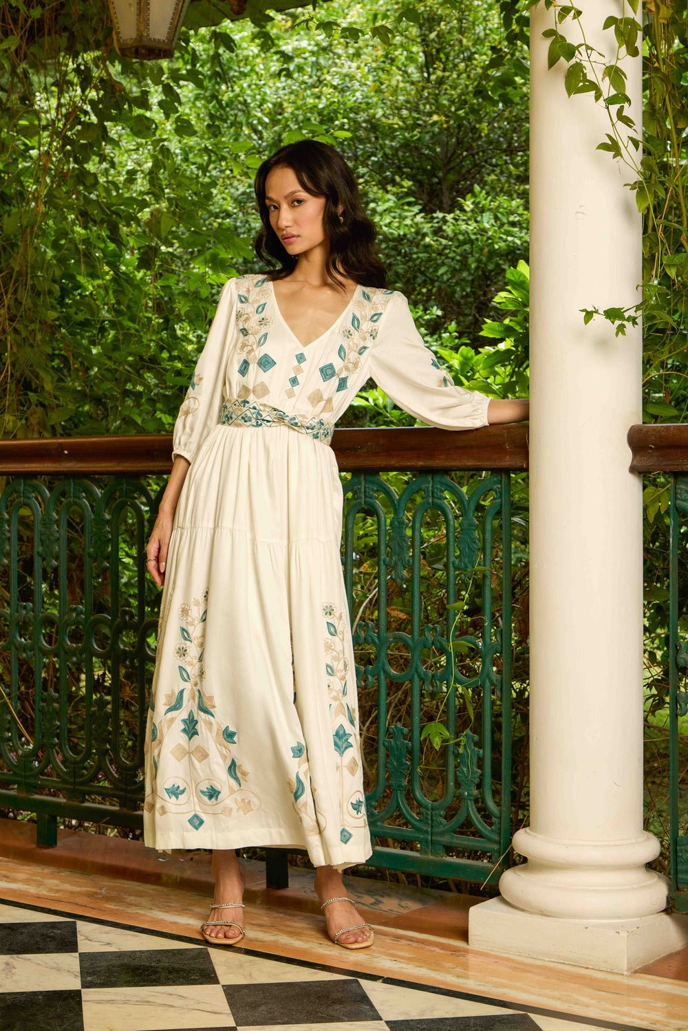 Buy Ivory Aqua Maxi Dress With Embroidered Belt for women online | Koshur India Buy Ivory Aqua Maxi Dress With Embroidered Belt for women online | Koshur India
