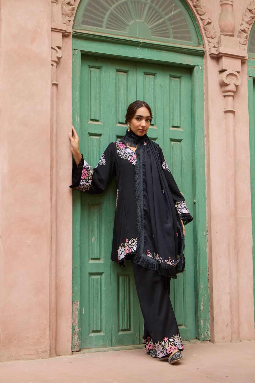 Black Pashmina Wool Kalidaar Short Kurta Set