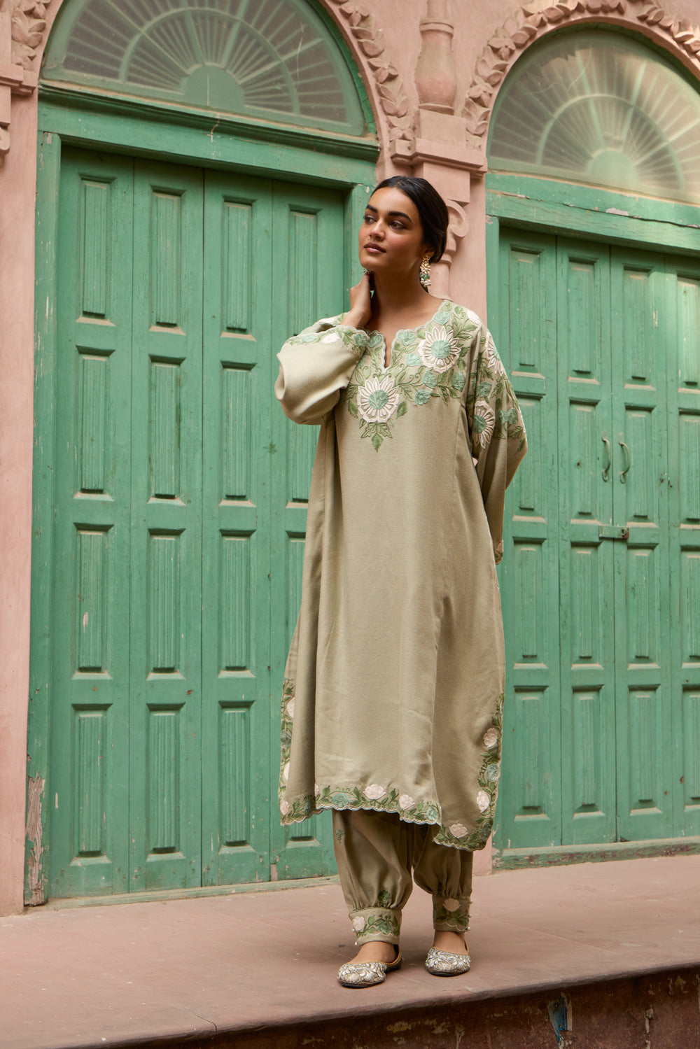 Olive Shades Of Green Wool Pheran Set With Harem Pants