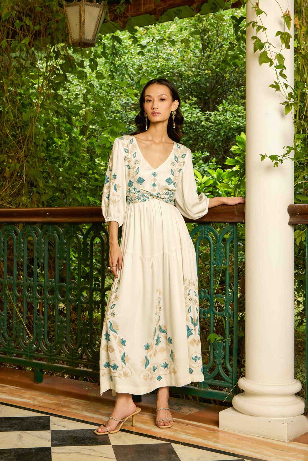 Buy Ivory Aqua Maxi Dress With Embroidered Belt for women online | Koshur India Buy Ivory Aqua Maxi Dress With Embroidered Belt for women online | Koshur India