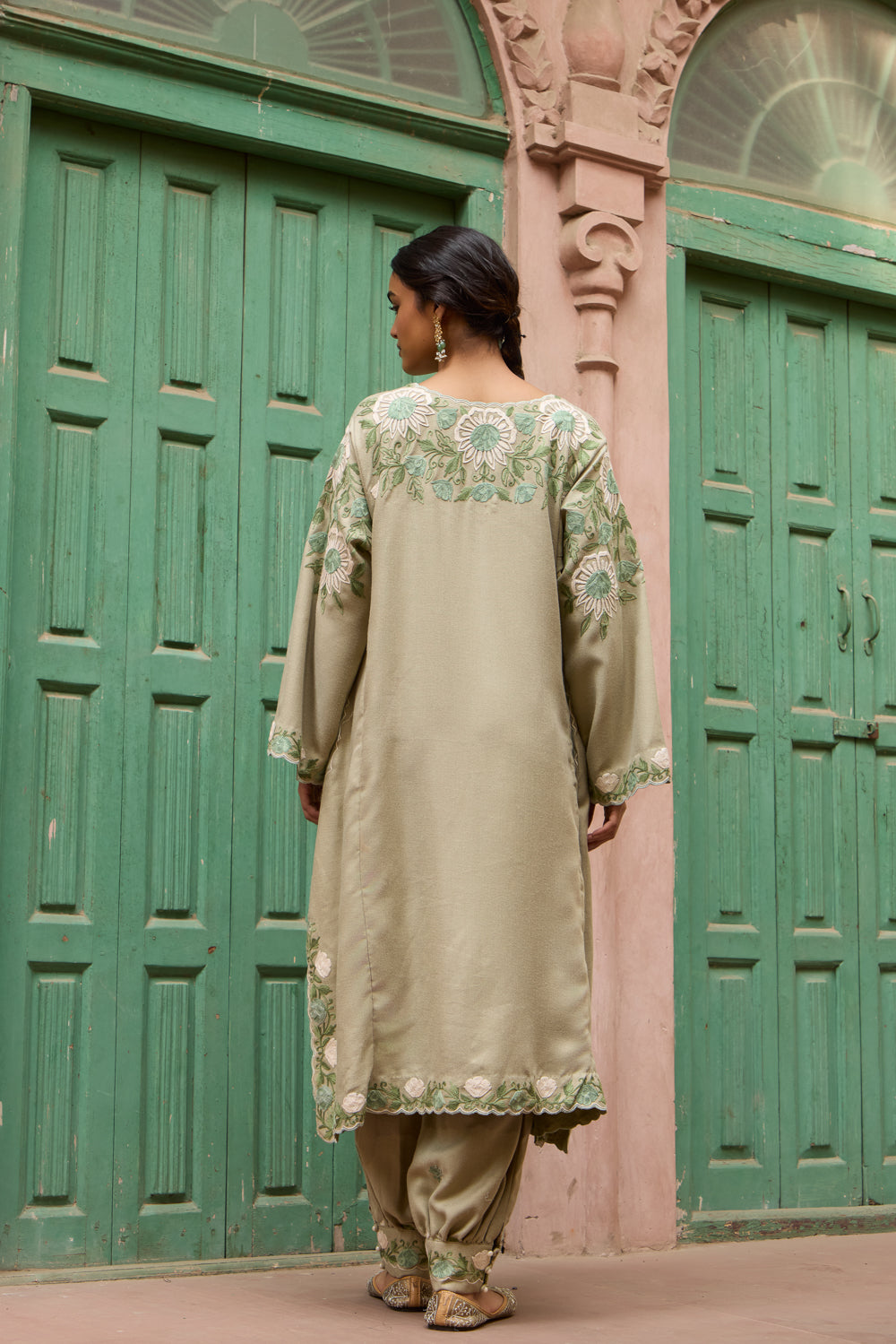 Olive Shades Of Green Wool Pheran Set With Harem Pants