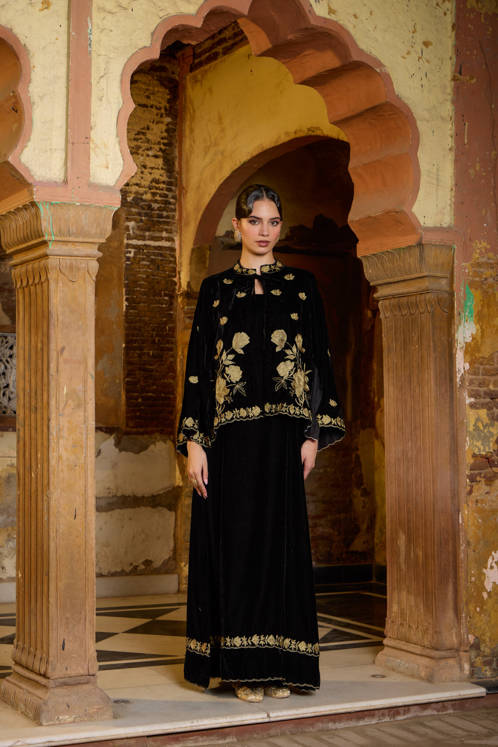 Buy Black Shahi Silk Velvet Embroidered Cape Set for women