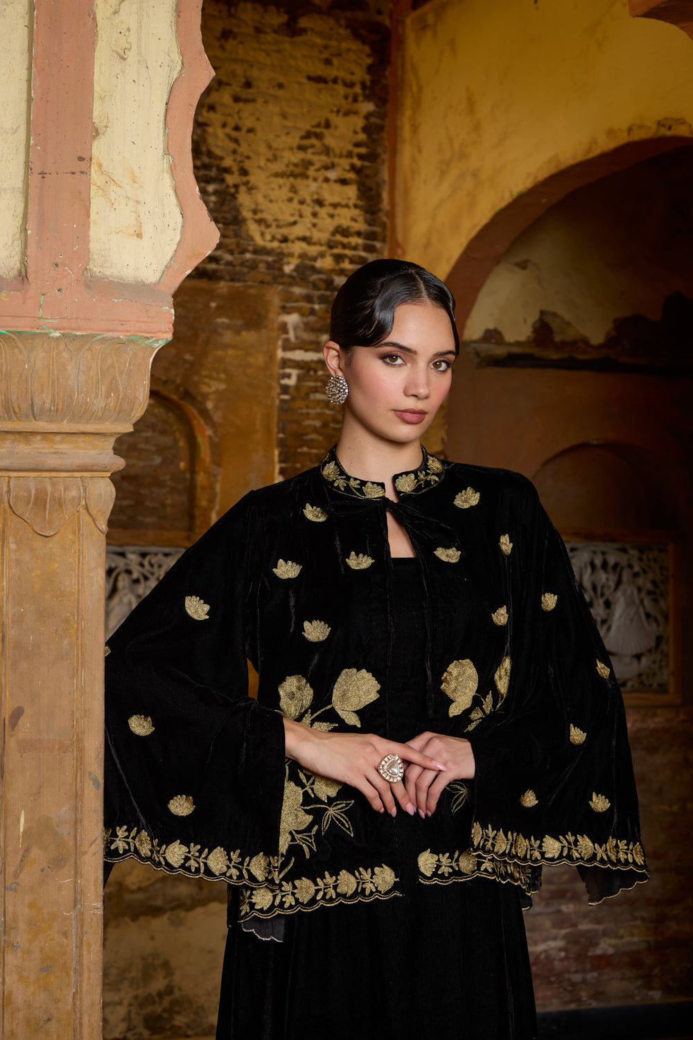 Buy Black Shahi Silk Velvet Embroidered Cape Set for women