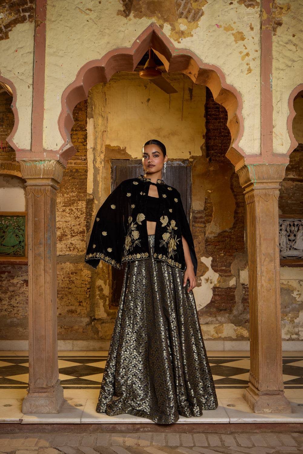 Zarina Black Silk Velvet Cape With Brocade Kalidaar Lehenga
