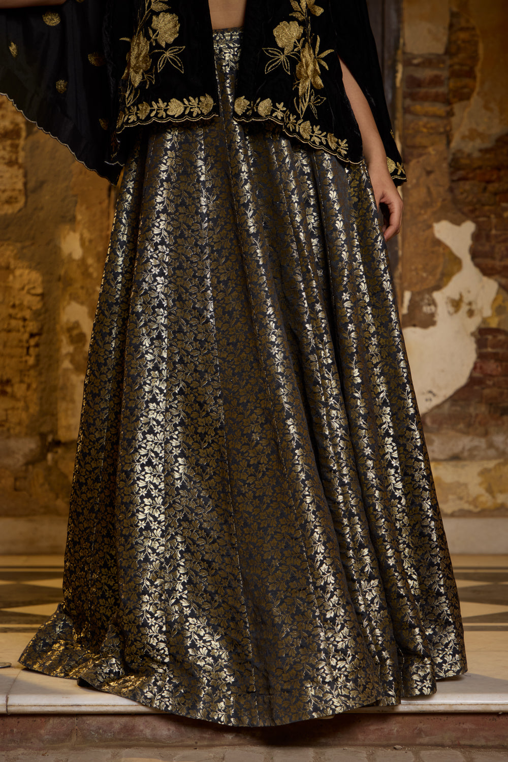 Zarina Black Silk Velvet Cape With Brocade Kalidaar Lehenga