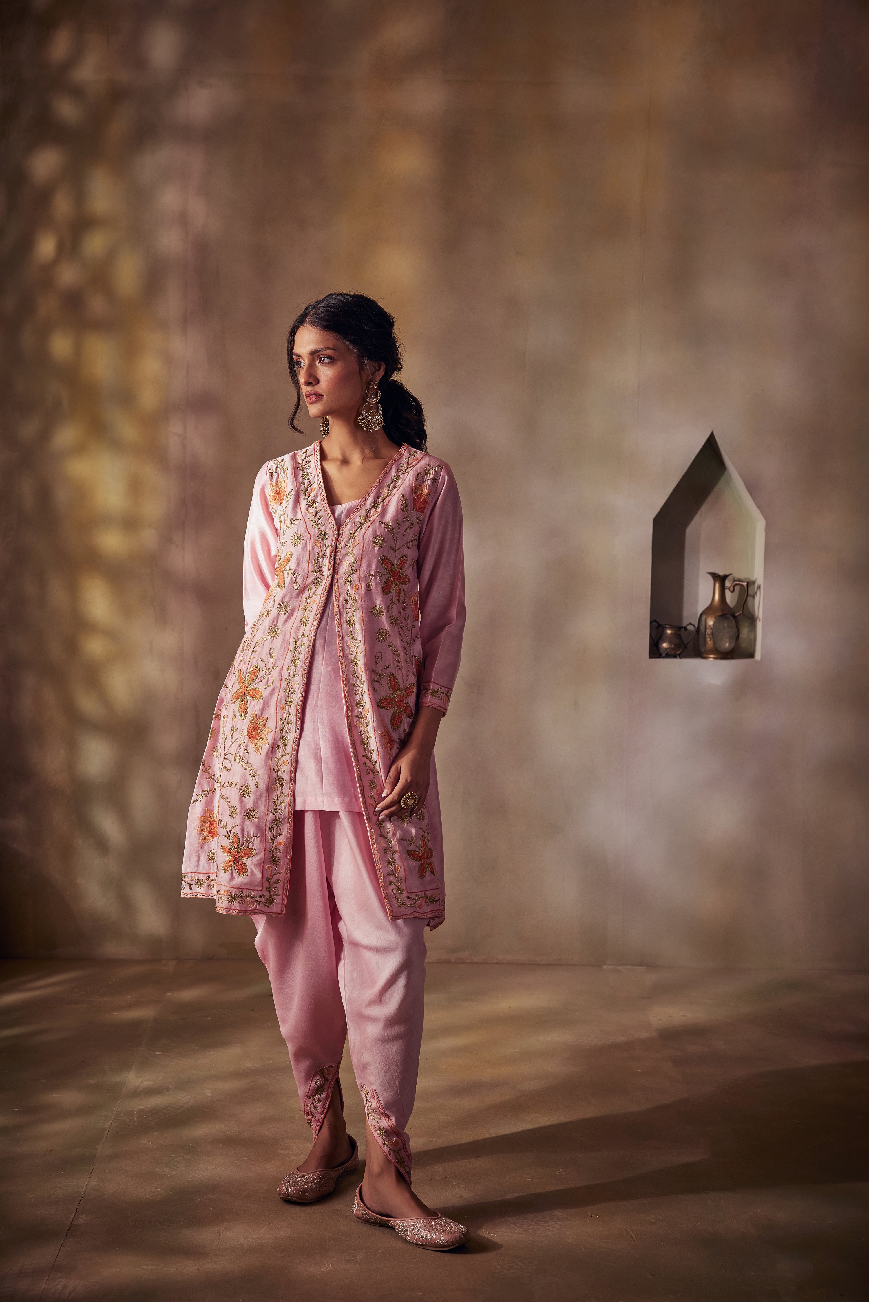 Pink Jacket Dhoti Set