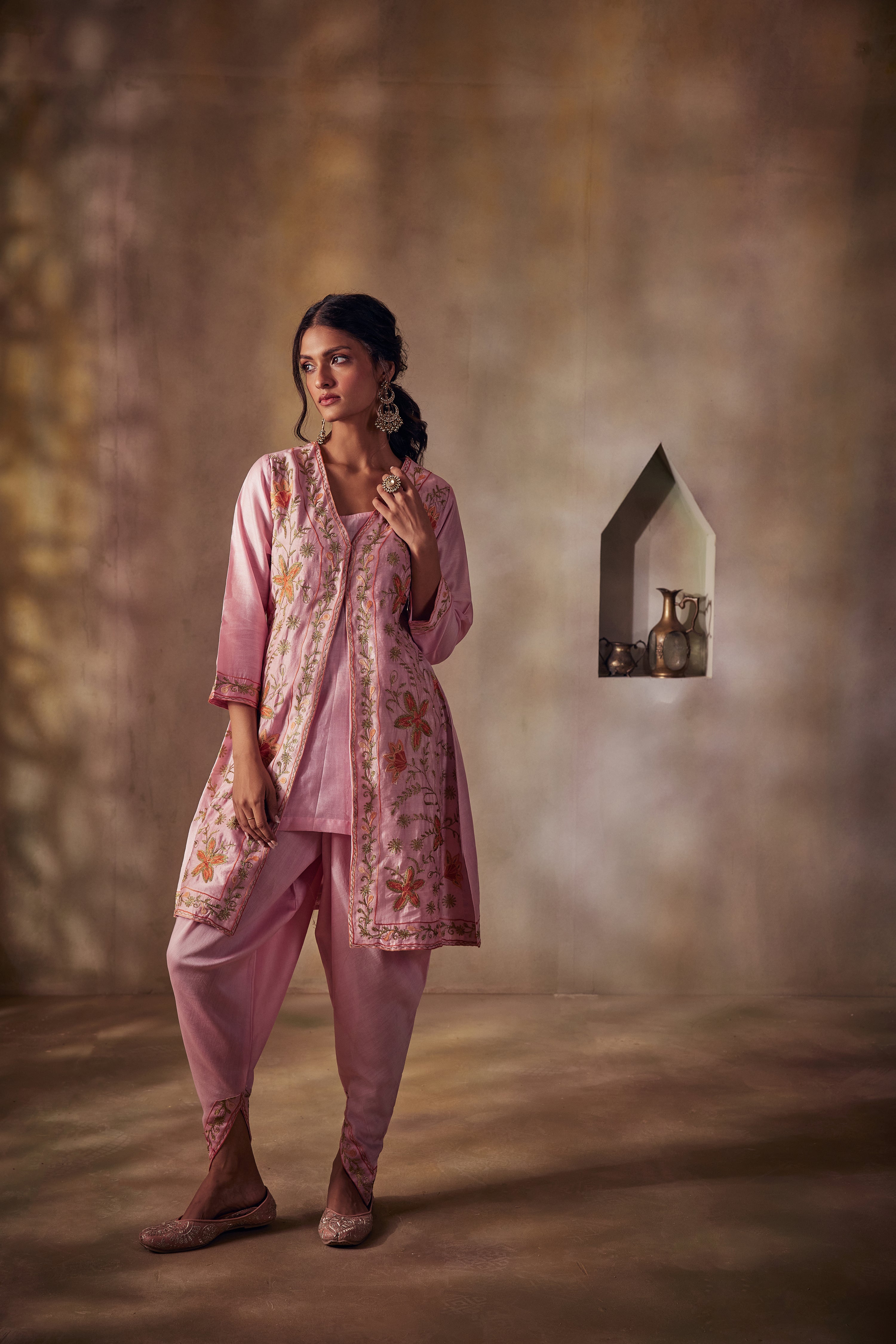 Pink Jacket Dhoti Set