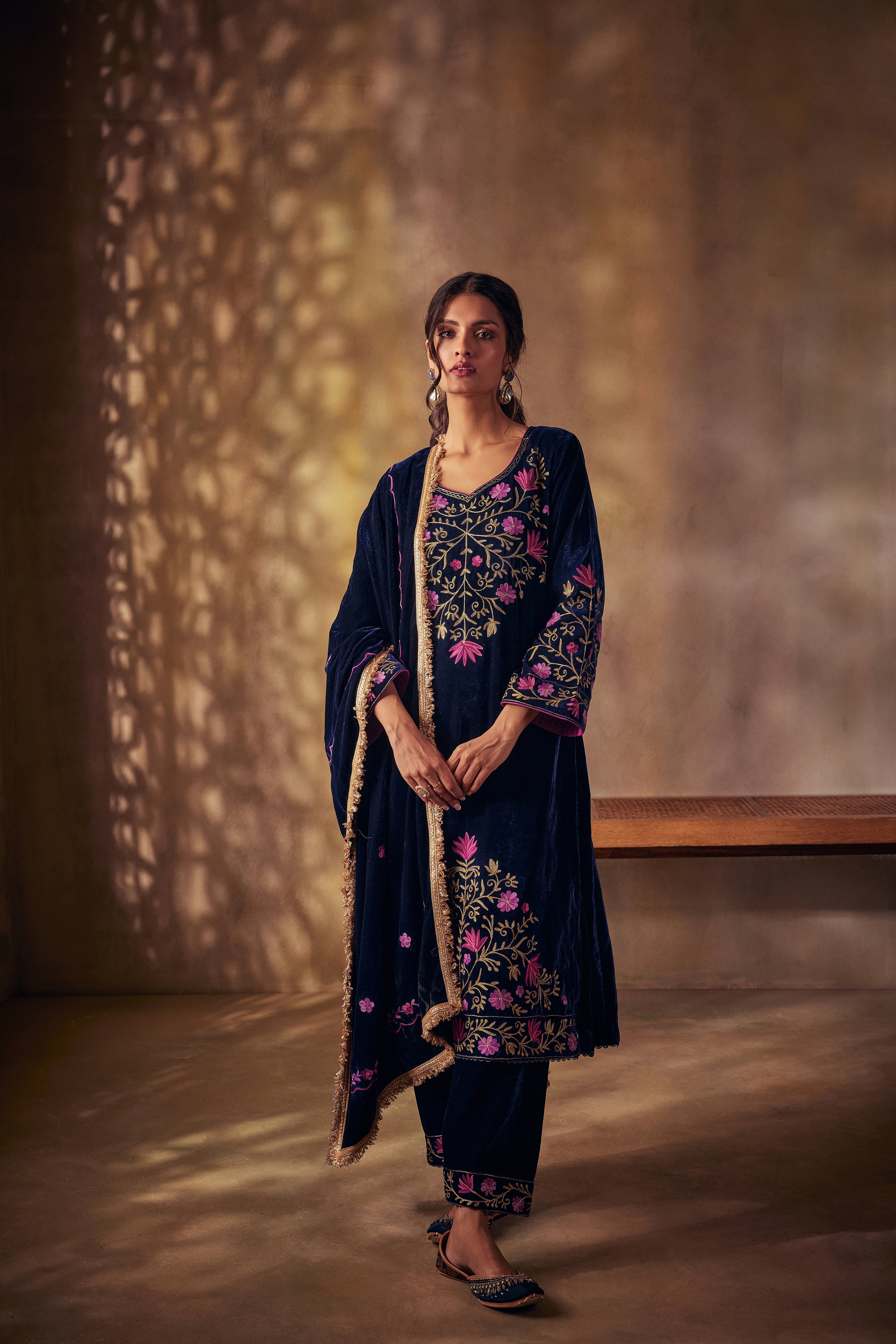 Midnight Blue Gold & Aari Silk Velvet Kurta Set