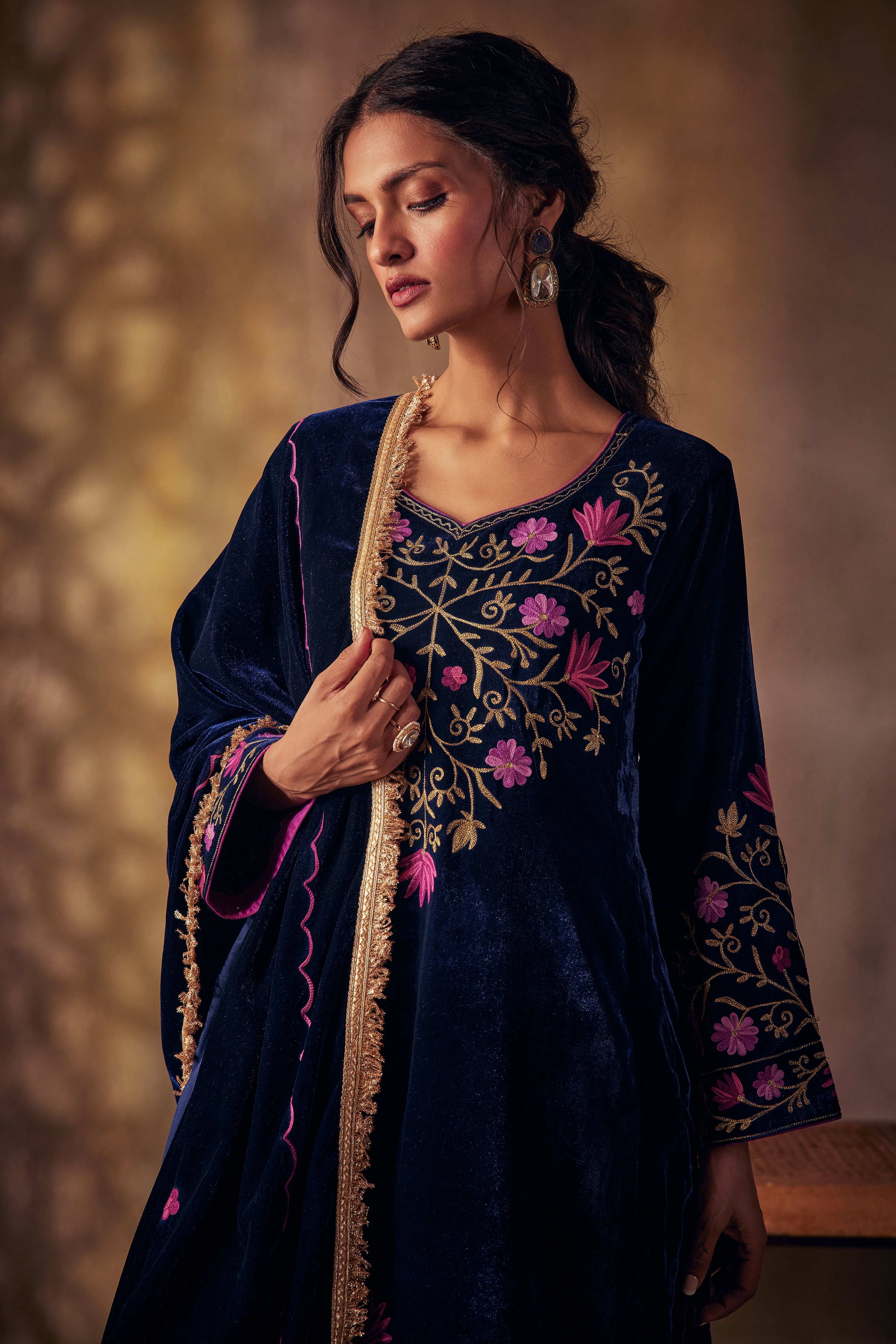 Midnight Blue Gold & Aari Silk Velvet Kurta Set