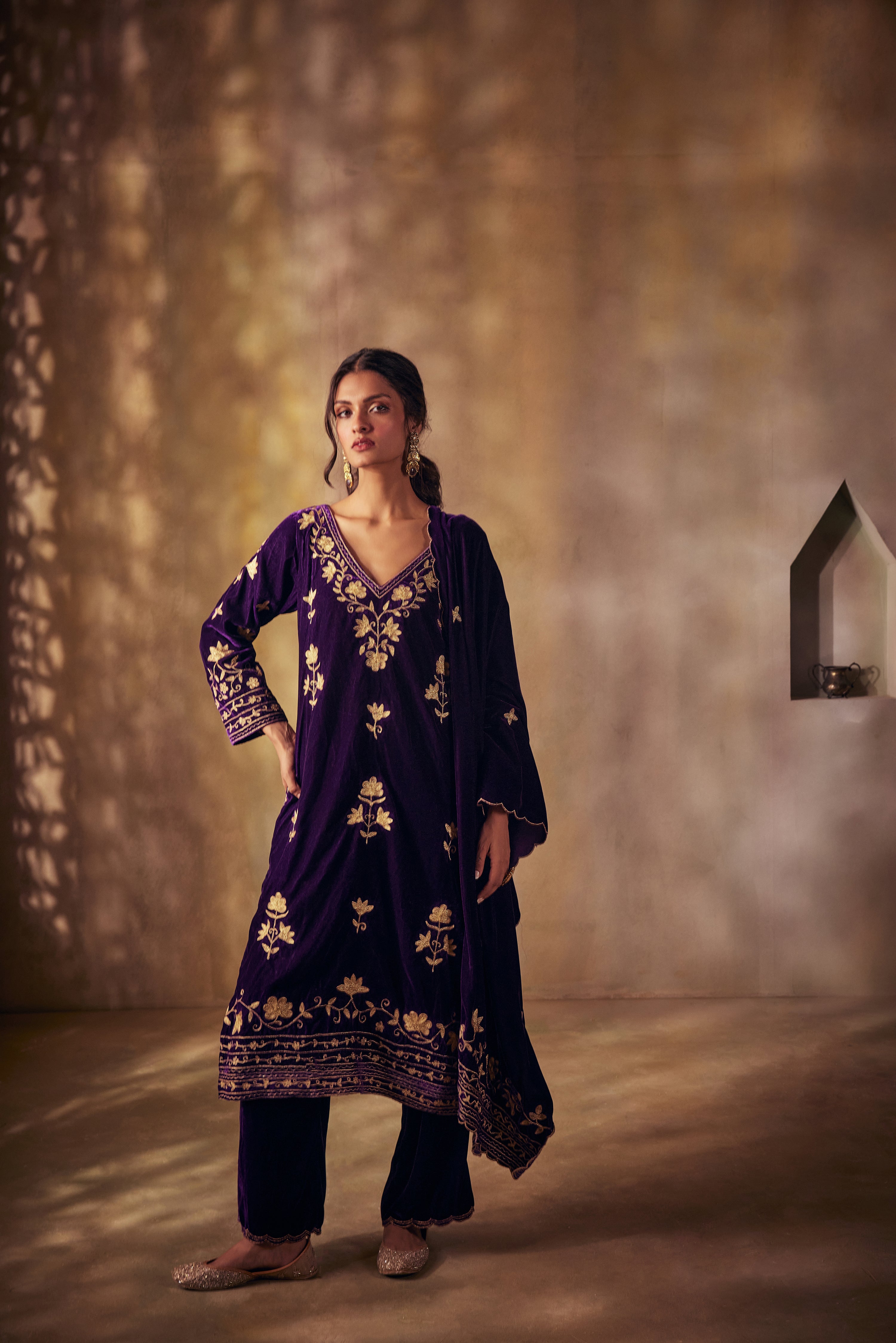 Royal Velvet Gold Aari Kurta Set