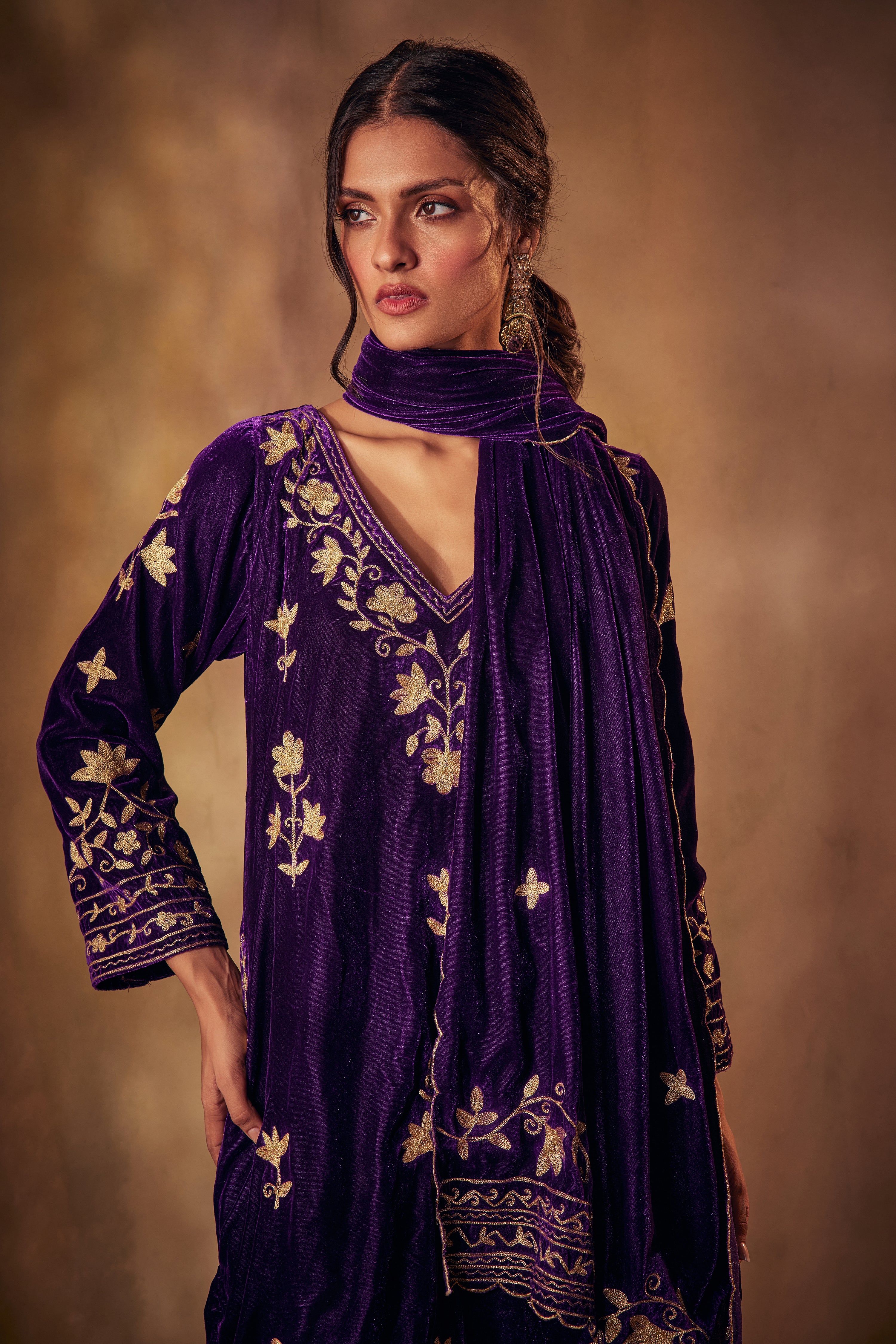 Royal Velvet Gold Aari Kurta Set