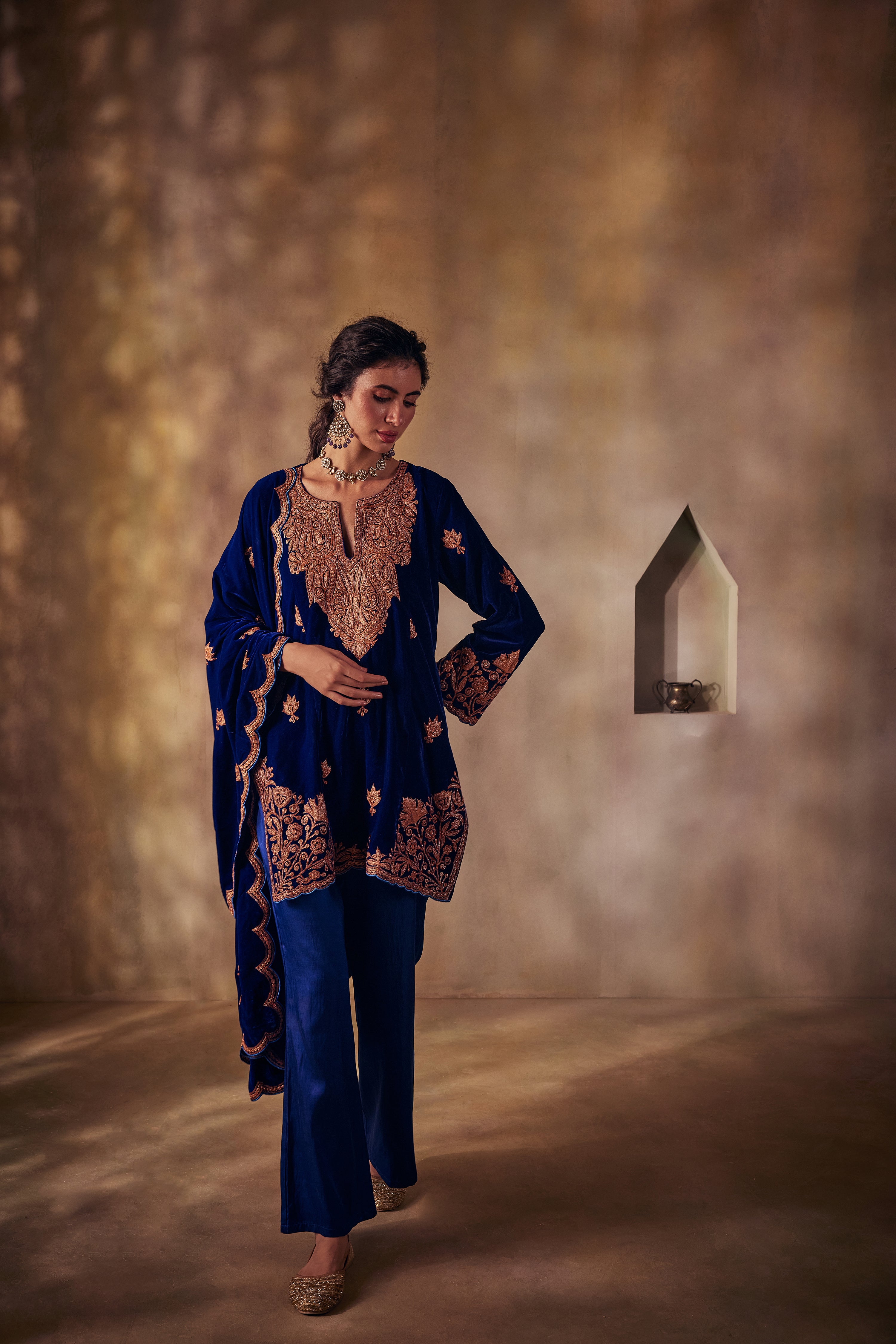 Sapphire Blue Silk Velvet Kurta Set with Flared Pants