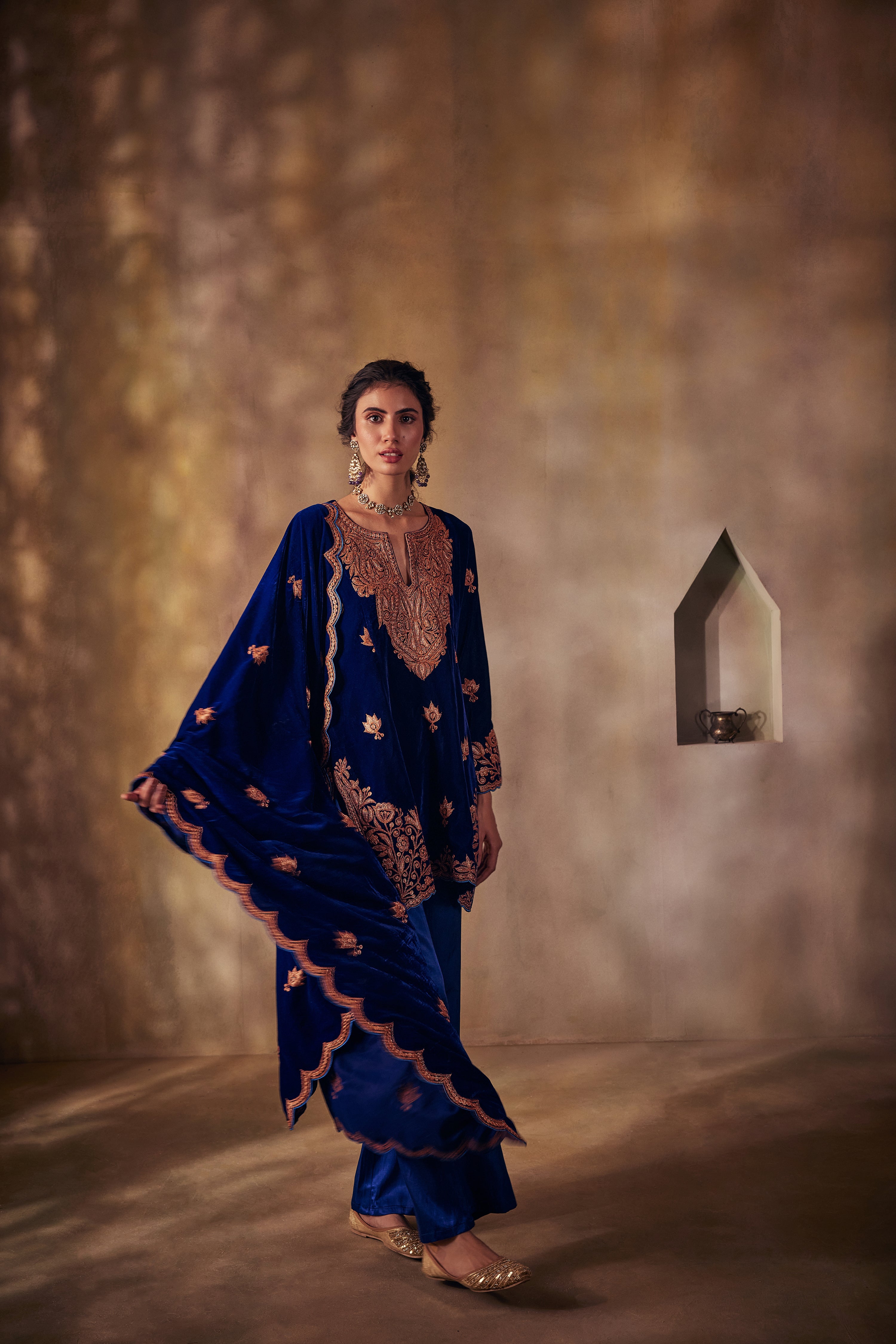 Sapphire Blue Silk Velvet Kurta Set with Flared Pants