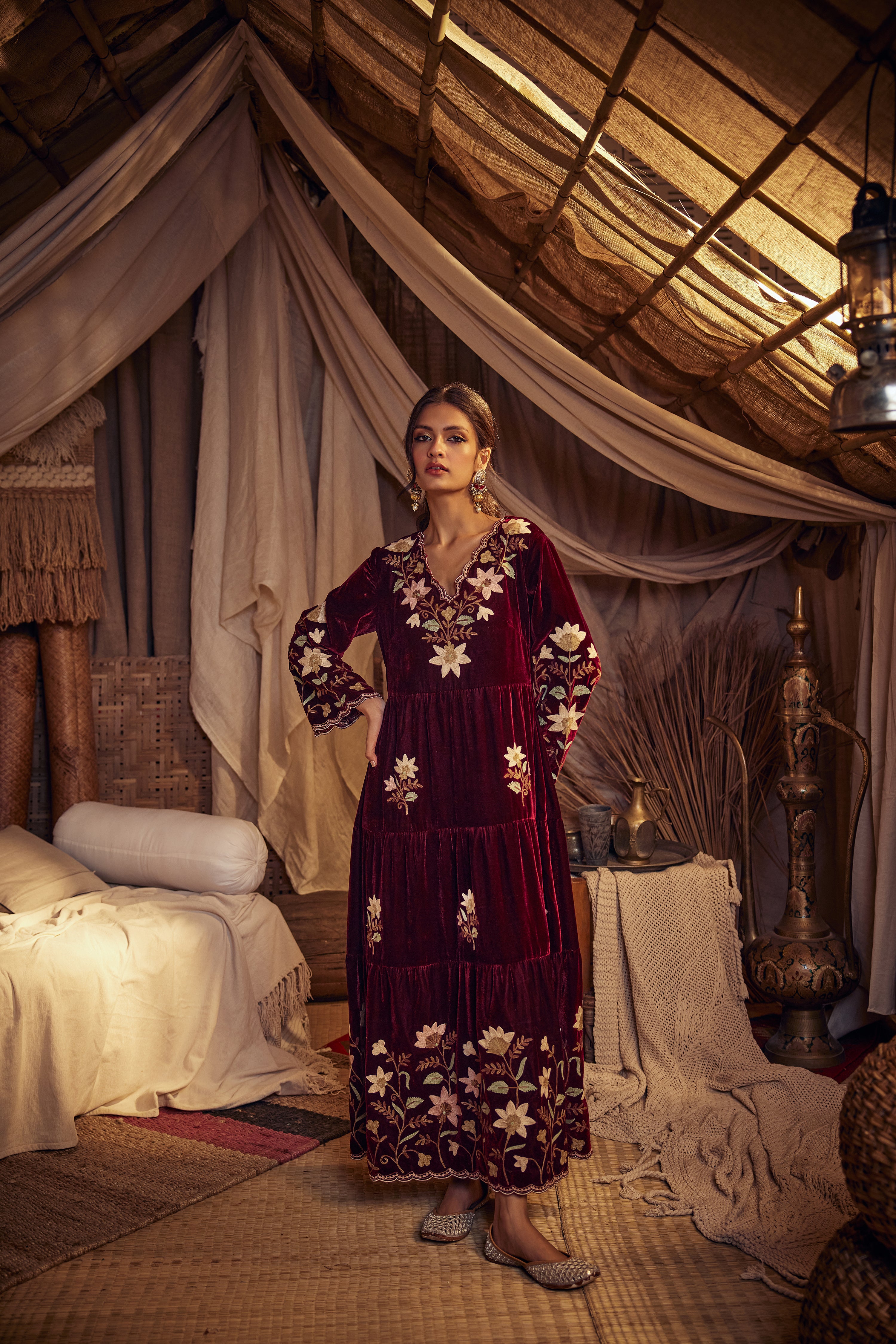 Nishat Burgundy Silk Velvet Dress