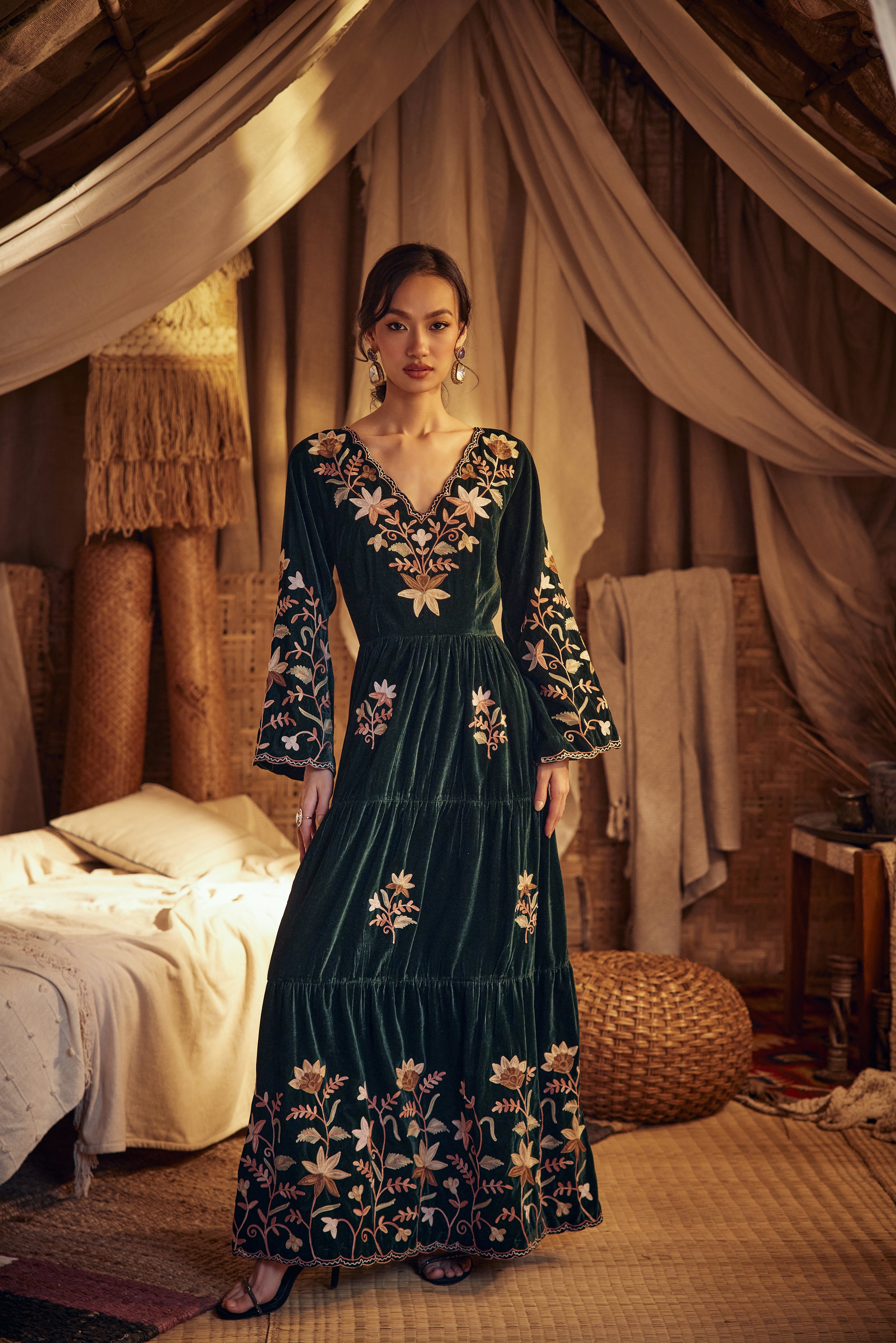 Nishat Emerald Green Silk Velvet Dress