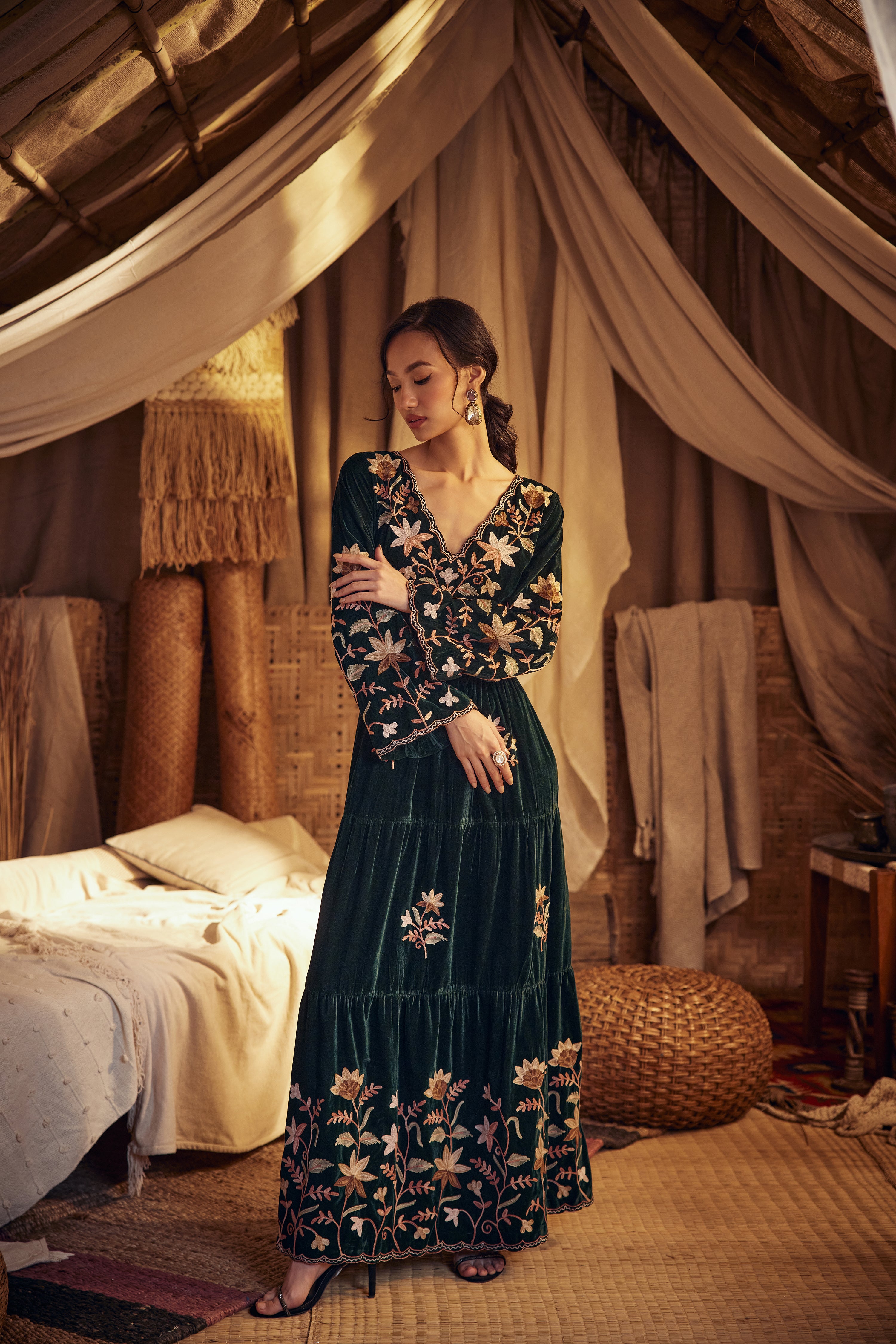 Nishat Emerald Green Silk Velvet Dress