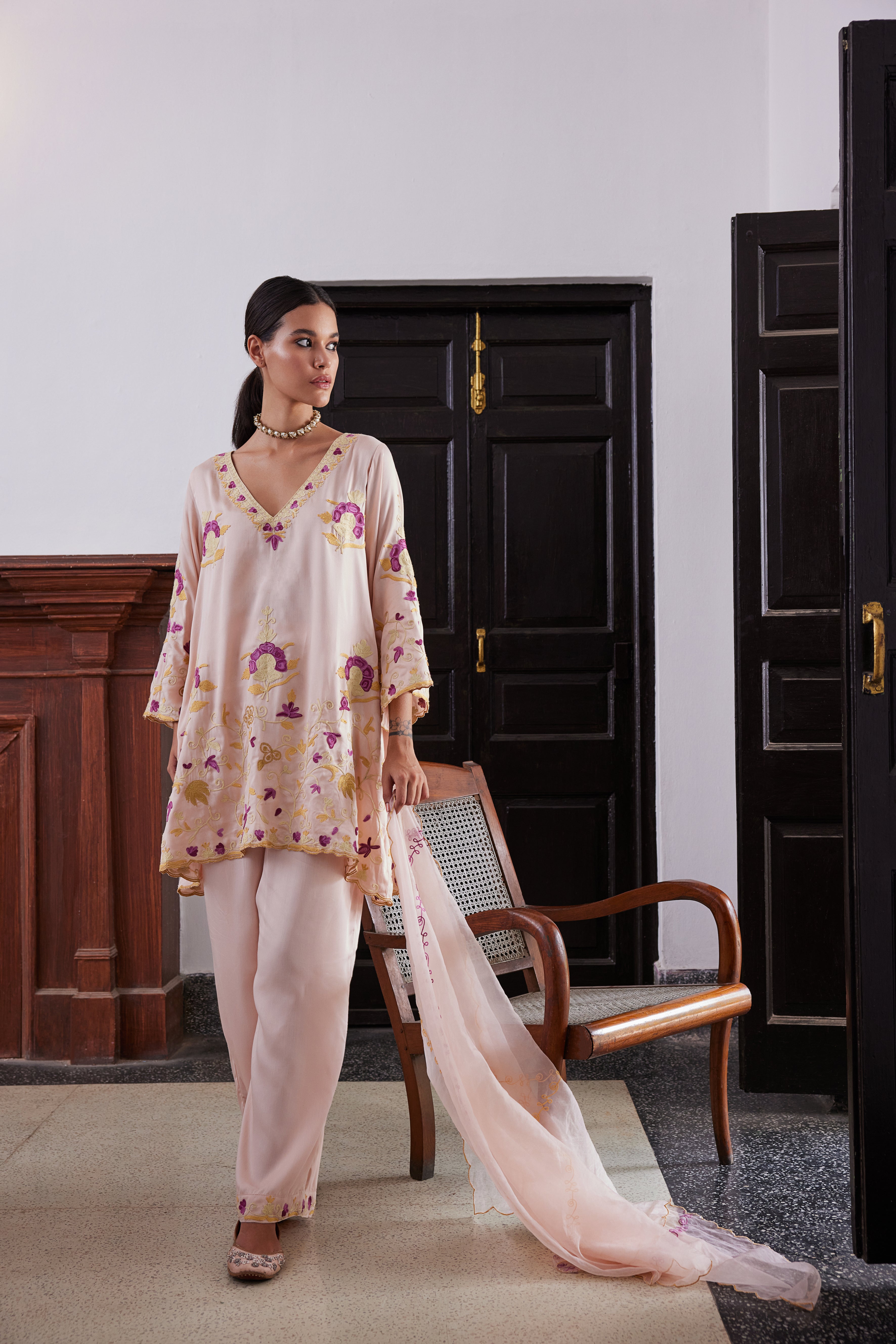 Champagne Pink Aari Tilla Kurta Set