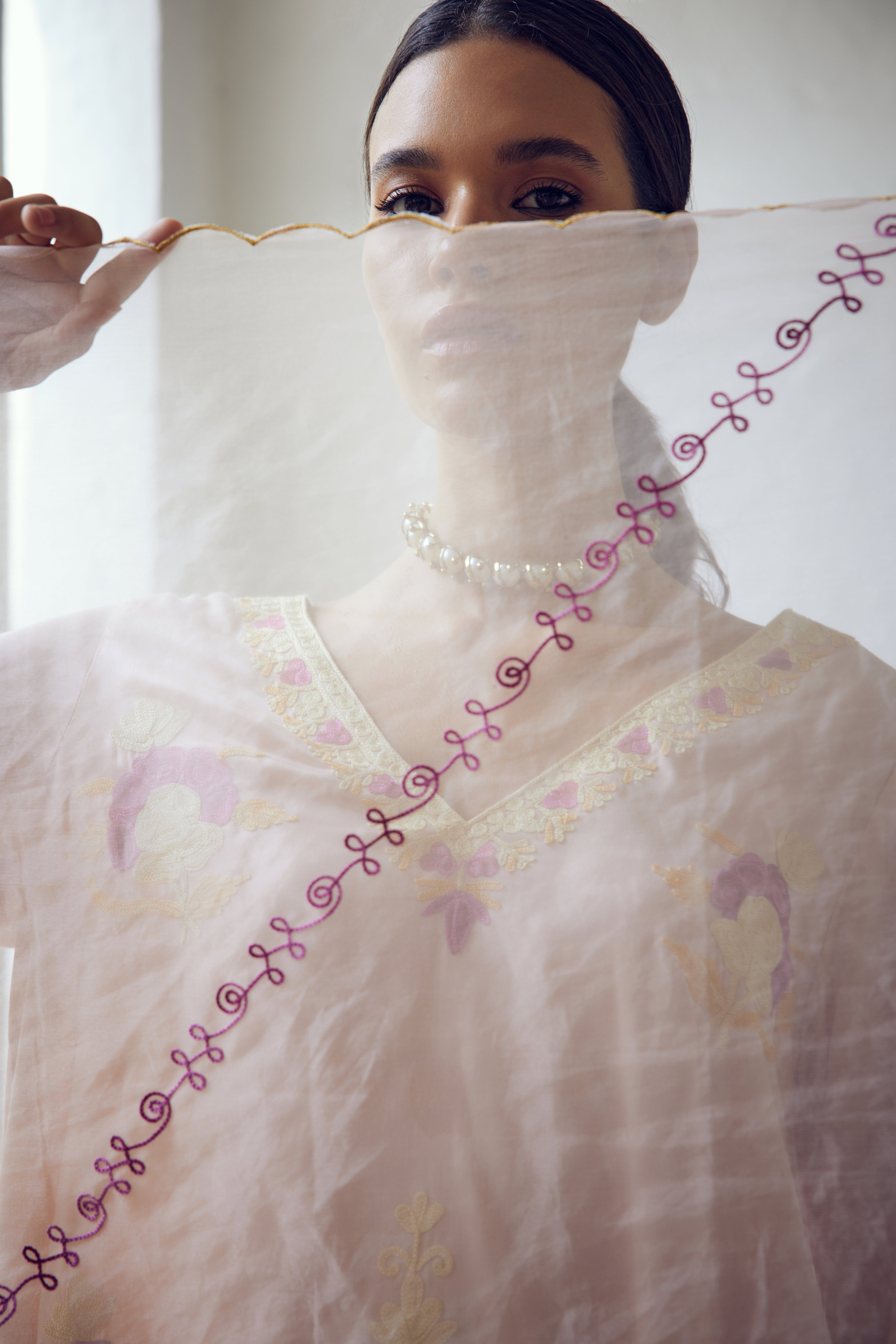 Champagne Pink Aari Tilla Kurta Set