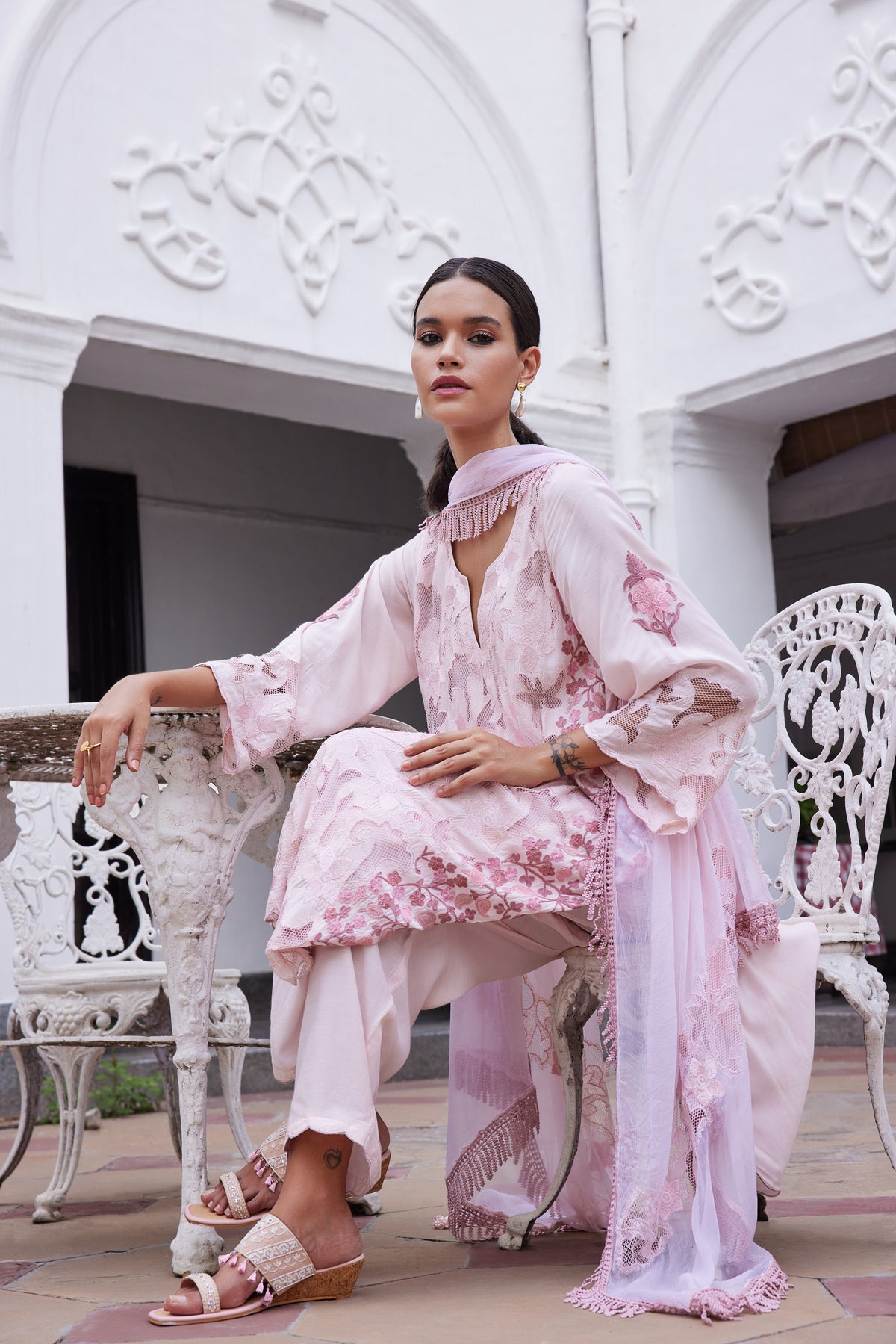 Cotton Fushia Pink Asyemmetric Kurta With Madarin Collar & 3/4 Sleeves