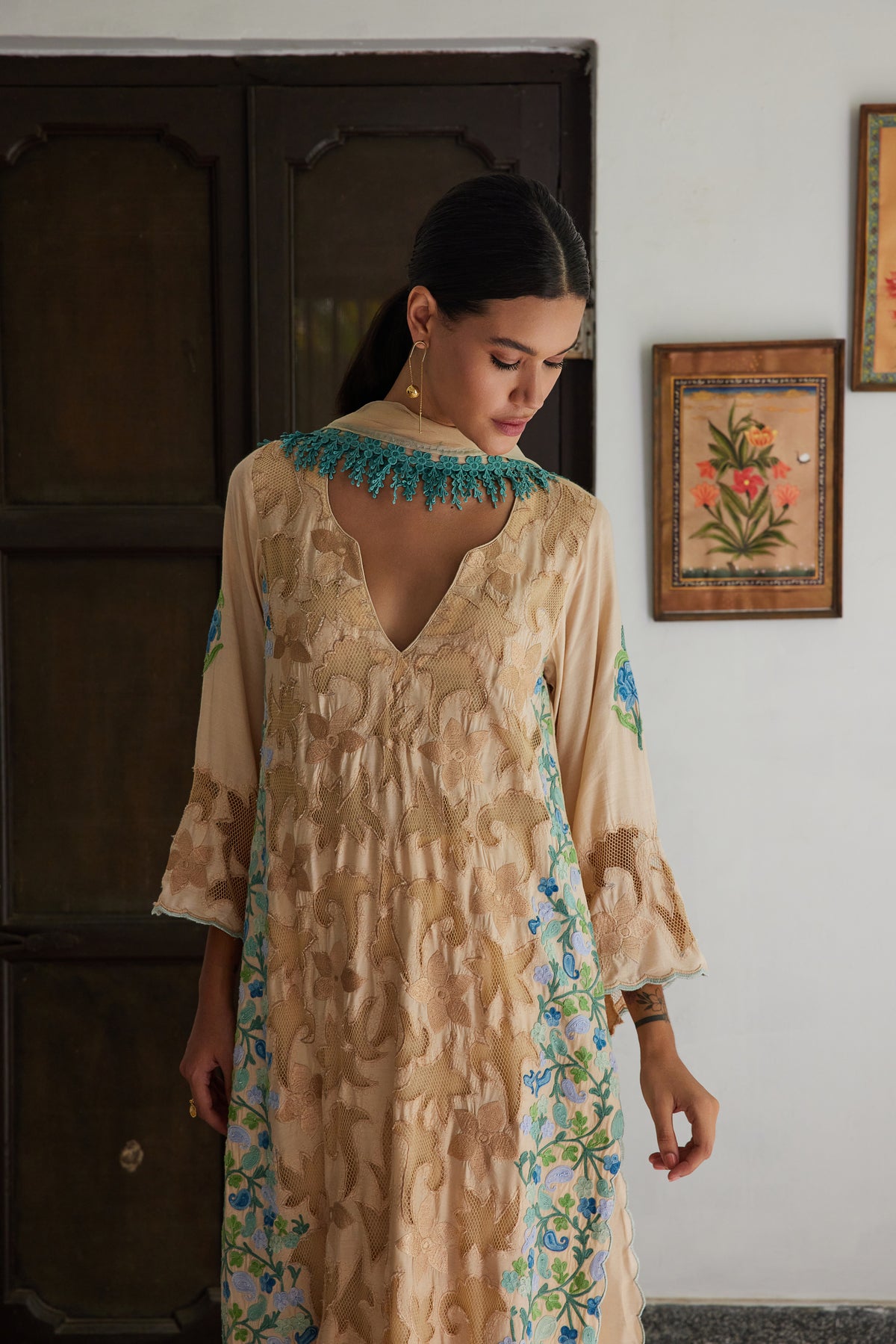 Beige Mirror Detail Kurta Set main image 0