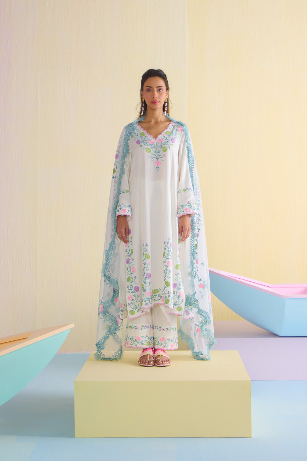 White Lady Tulip Kalidaar Cotton Kurta Set