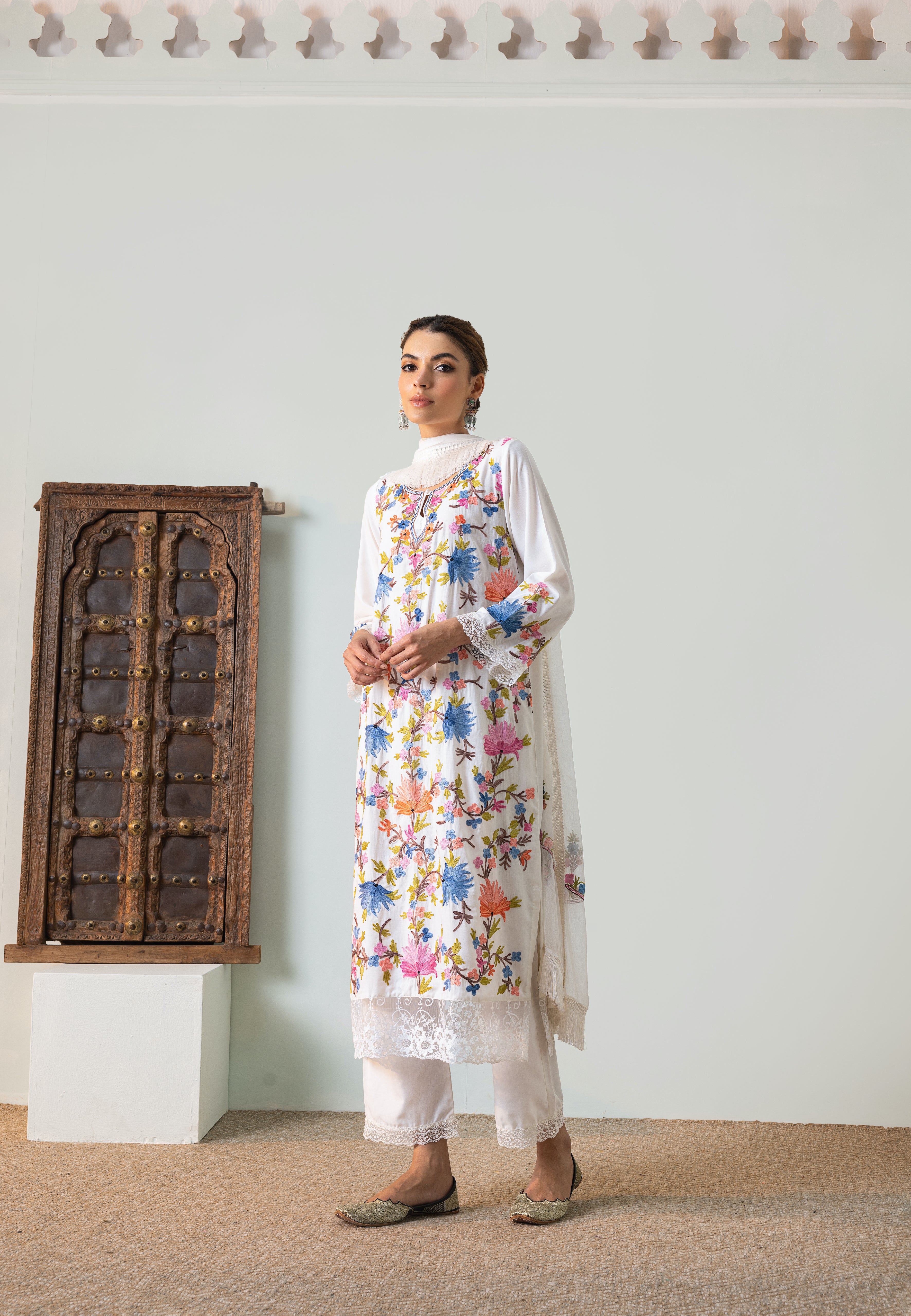 Ivory Gulbagh Cotton Kurta Set