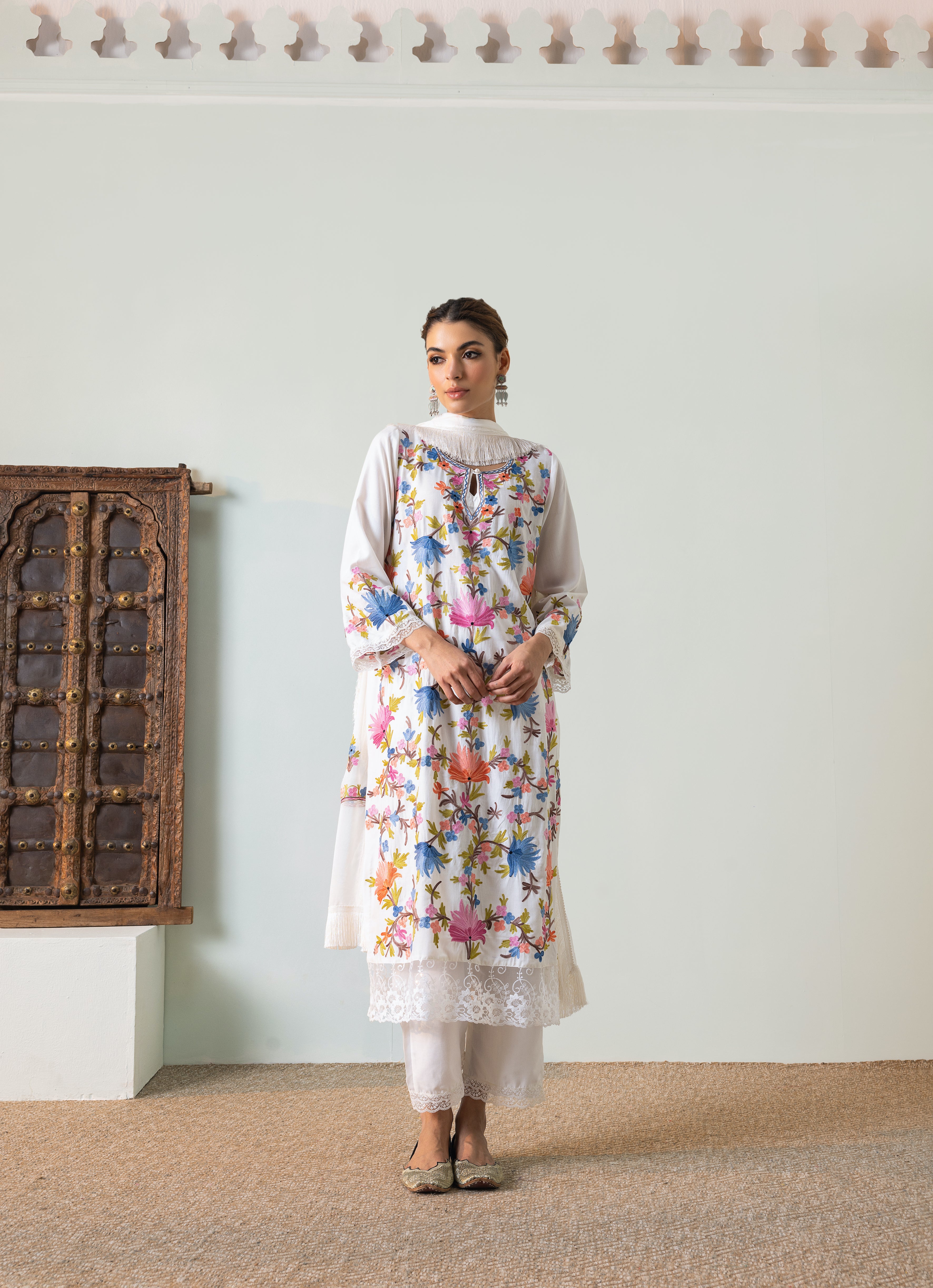 Ivory Gulbagh Cotton Kurta Set