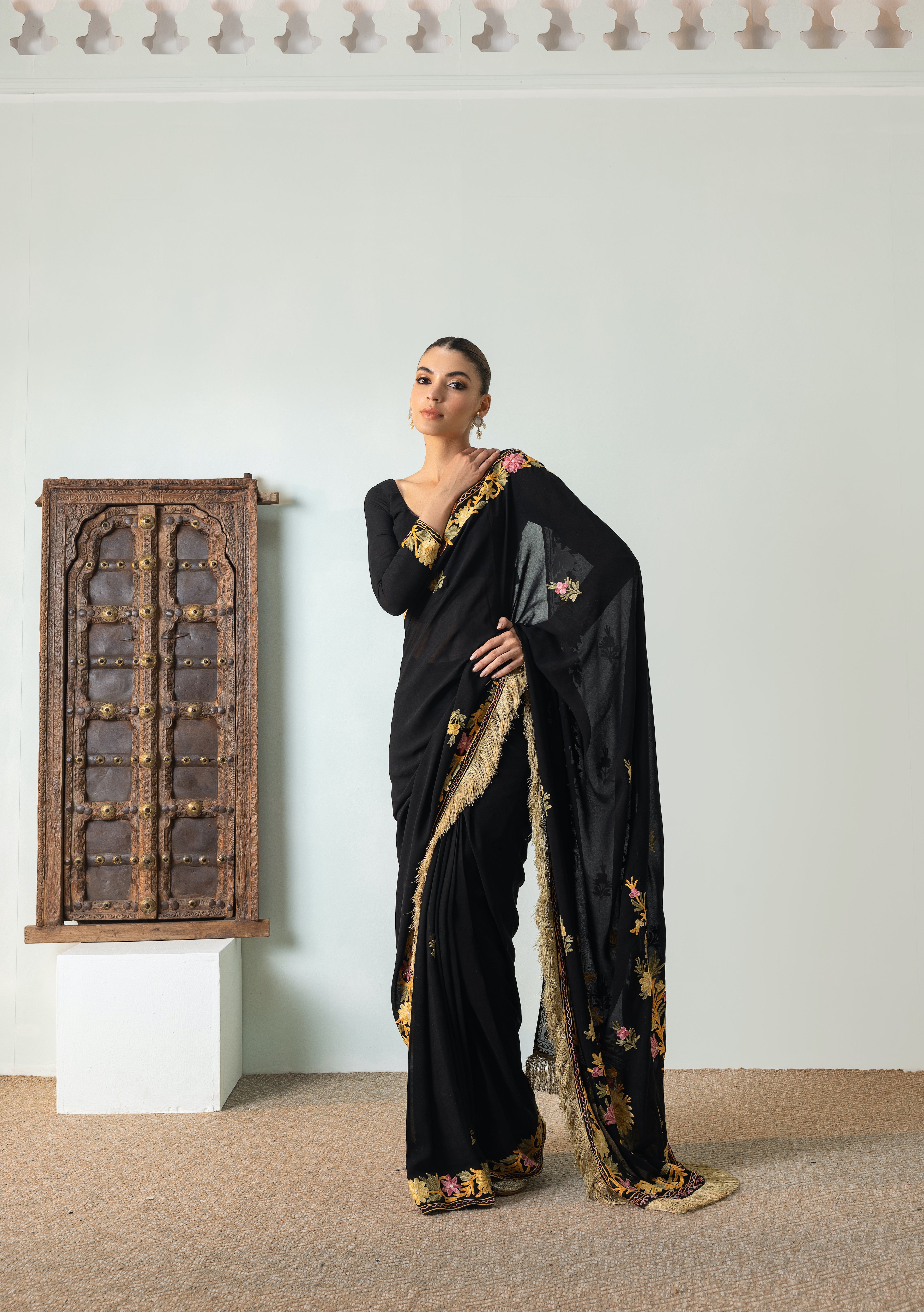 Gul Black Chiffon Draped Saree