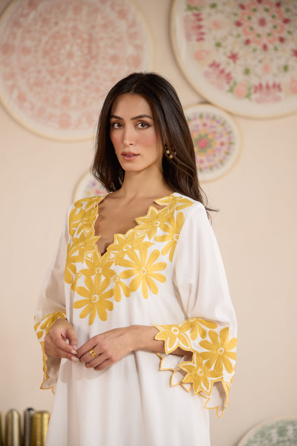 Mango Duet Cotton Aari Coord Set with Dhoti Pants & Organza Embroidered Stole