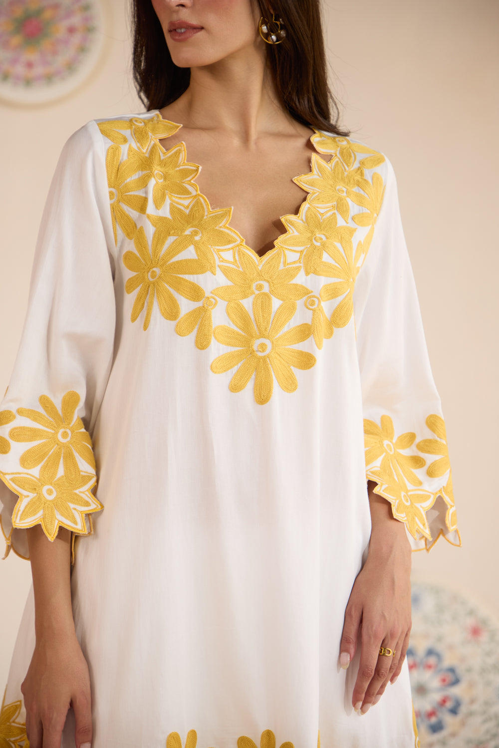 Mango Duet Cotton Aari Coord Set with Dhoti Pants & Organza Embroidered Stole