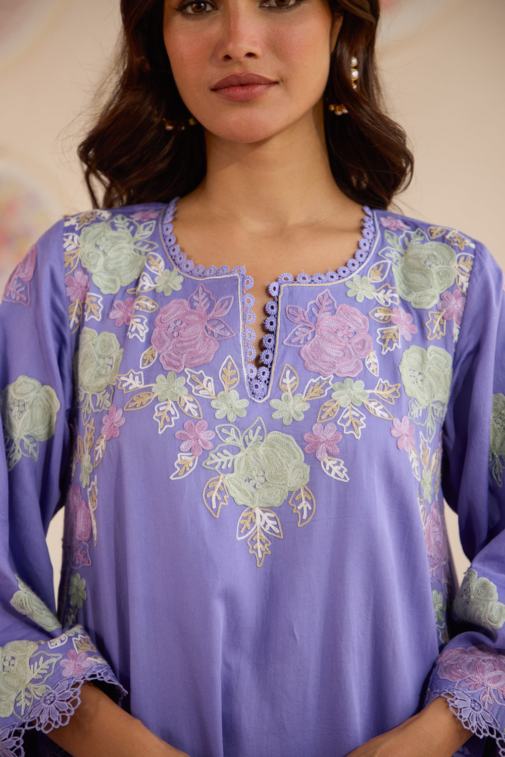 Reet Lavender Cotton Aari kurta Set with Flared Pants & Organza Dupatta