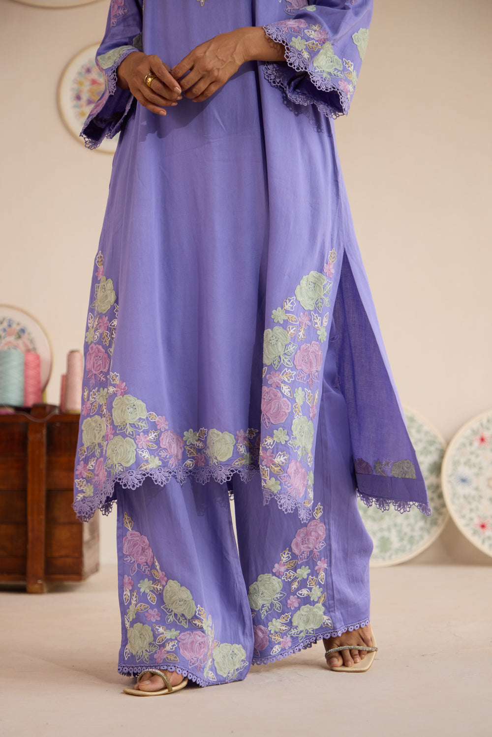 Reet Lavender Cotton Aari kurta Set with Flared Pants & Organza Dupatta