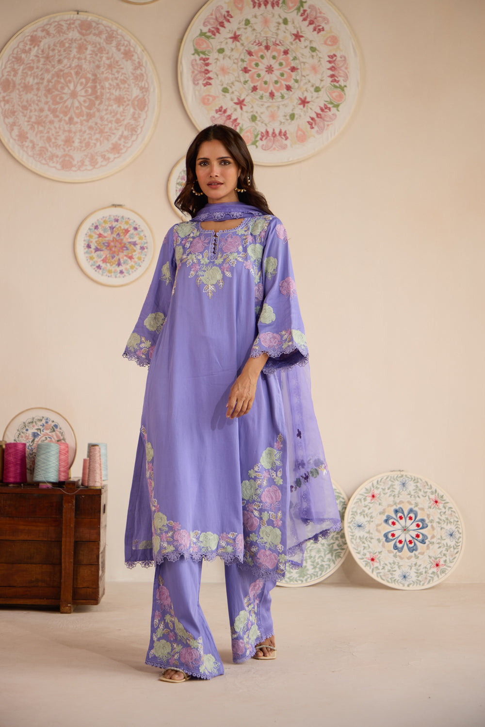 Reet Lavender Cotton Aari kurta Set with Flared Pants & Organza Dupatta