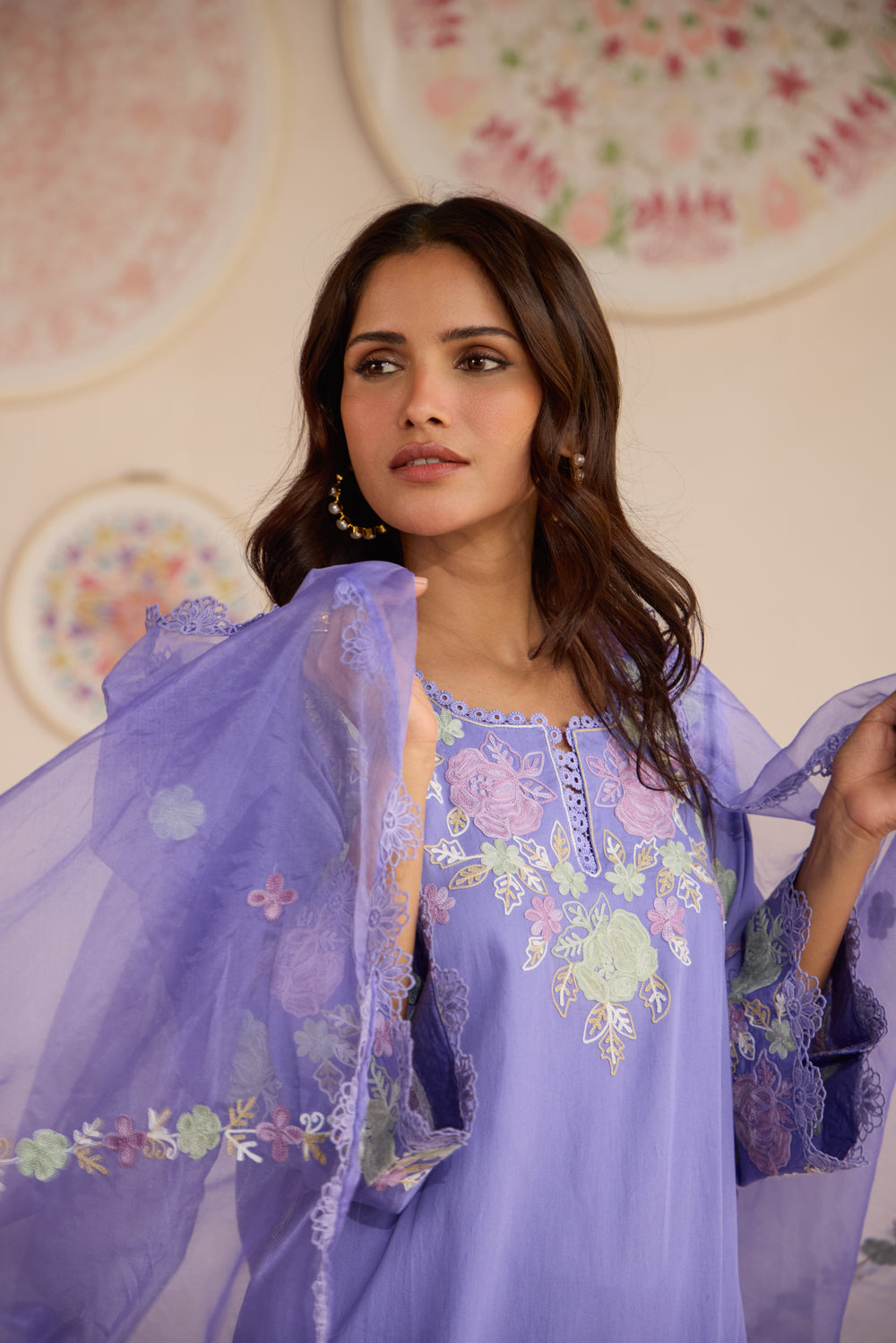 Reet Lavender Cotton Aari kurta Set with Flared Pants & Organza Dupatta