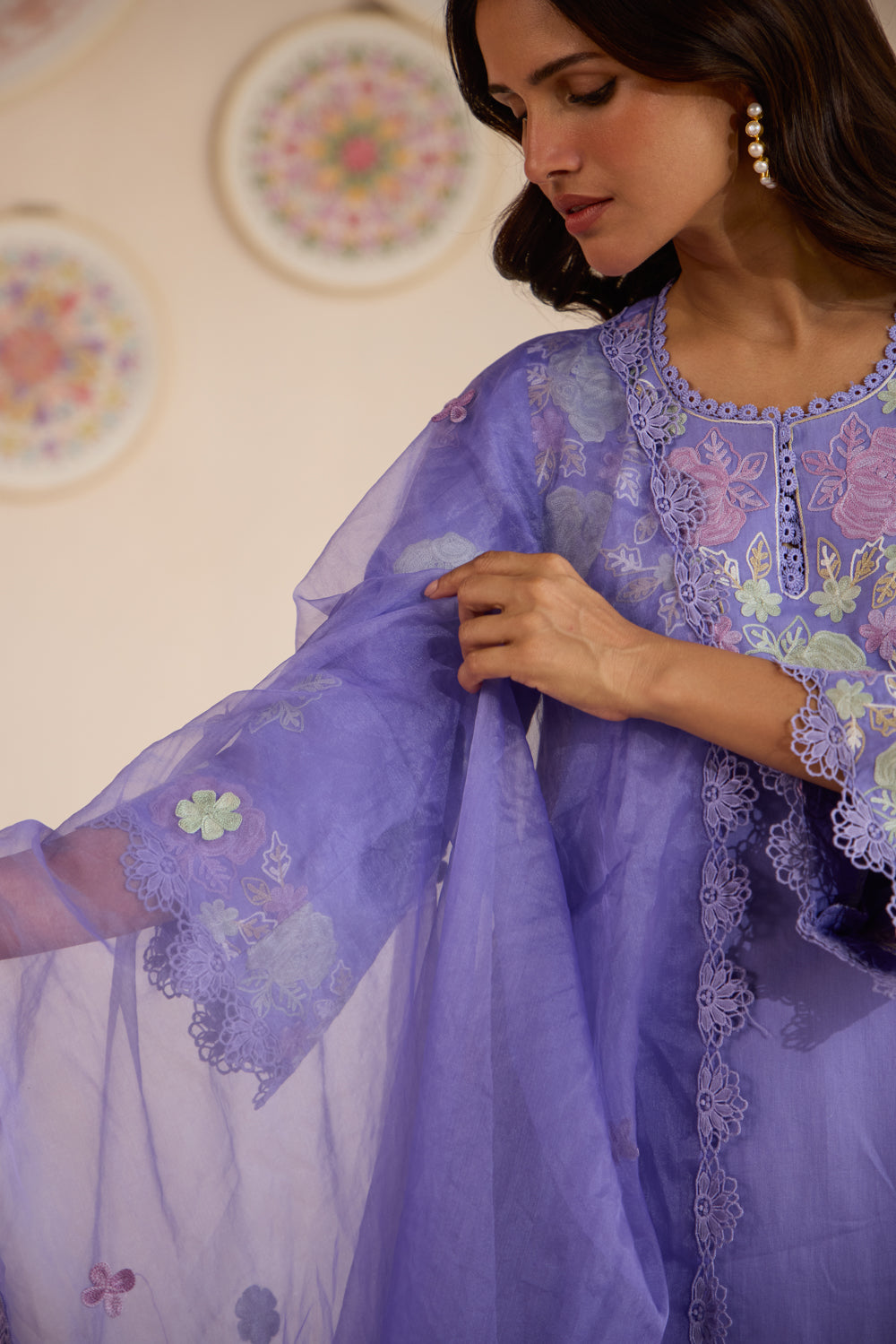Reet Lavender Cotton Aari kurta Set with Flared Pants & Organza Dupatta
