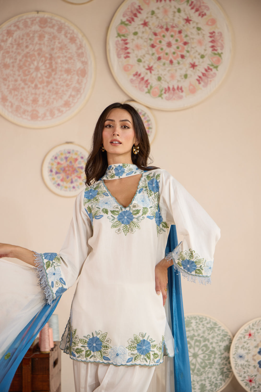 Aaina White & Blue Cotton Aari Kurta Set with Farshi Salwar & Pleat Dupatta
