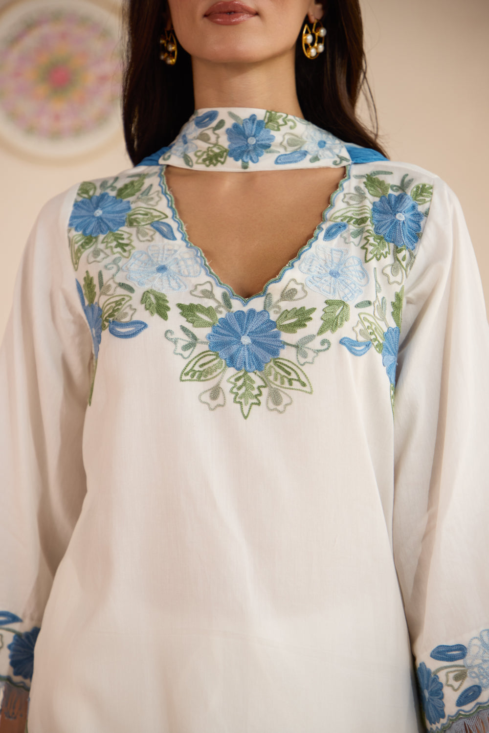 Aaina White & Blue Cotton Aari Kurta Set with Farshi Salwar & Pleat Dupatta