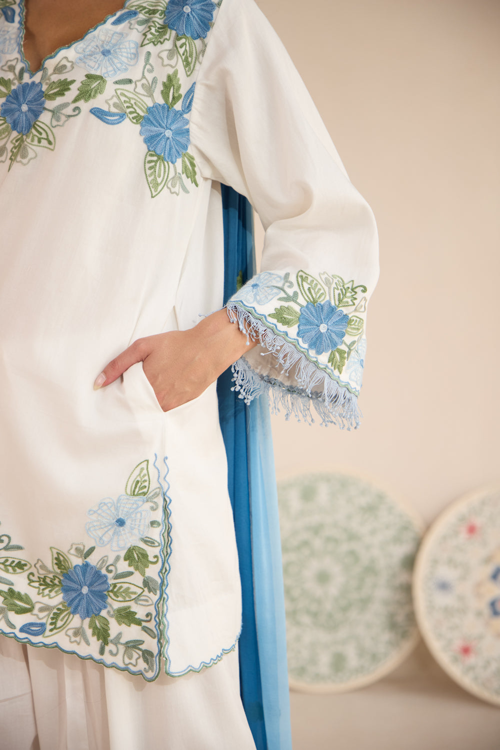 Aaina White & Blue Cotton Aari Kurta Set with Farshi Salwar & Pleat Dupatta