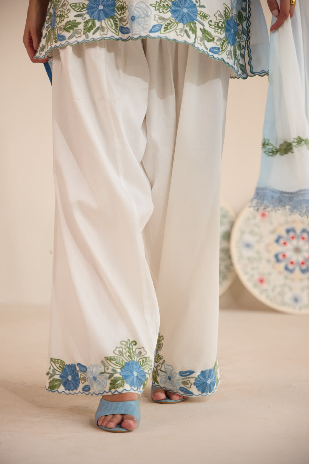 Aaina White & Blue Cotton Aari Kurta Set with Farshi Salwar & Pleat Dupatta