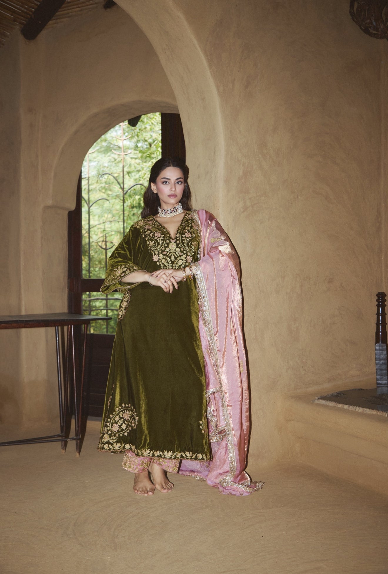 Mehndi Green Velvet Kaftan Kurta Set with Aari Tilla Embroidery | Koshur India Mehndi Green Velvet Kaftan Kurta Set with Aari Tilla Embroidery | Koshur India