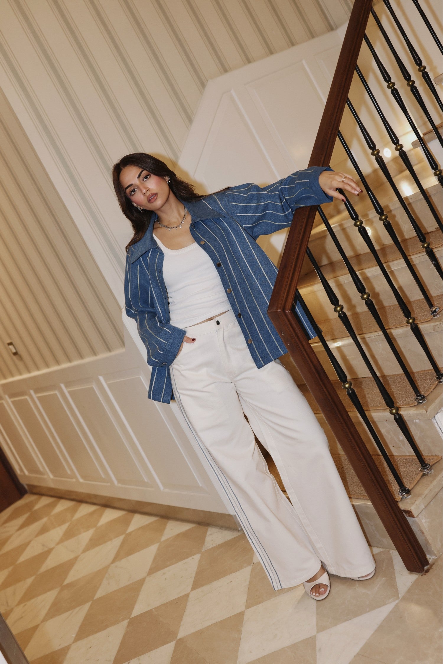 Aari Embroidered White Stripe Denim Jacket Set