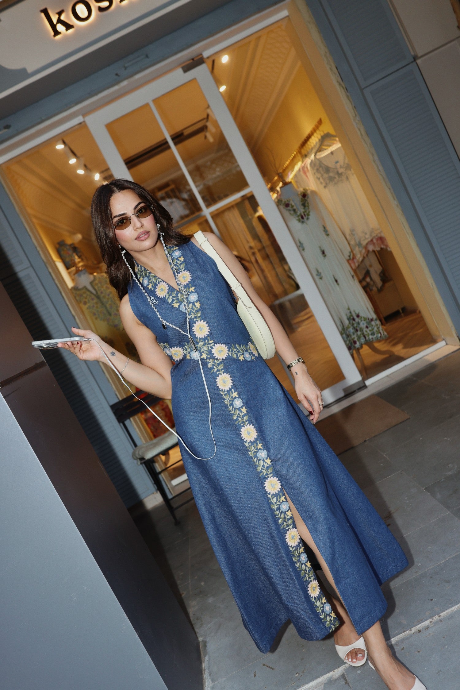 Aari Embroidered Denim Maxi